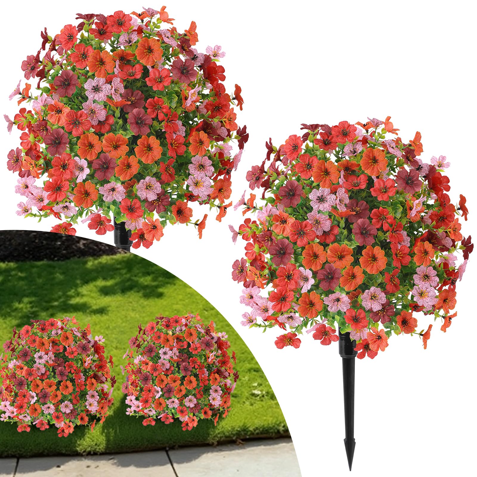 Alupssuc 2Pcs 20" Artificial Topiary Ball Flowers For Outdoors Planters, Spring Decoration with Spike, UV Resistant Faux Summer Plants, Fake Bushes Indoor Decor, Mix 4 Colors for Garden, Porch & Patio