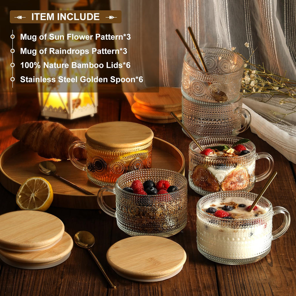 4pcs Set Vintage Coffee Mugs gifts for women, Overnight Oats Containers with Bamboo Lids and Spoons - 14oz Clear Embossed Glass Cups, Cute Coffee Bar Accessories, Iced Coffee Glasses