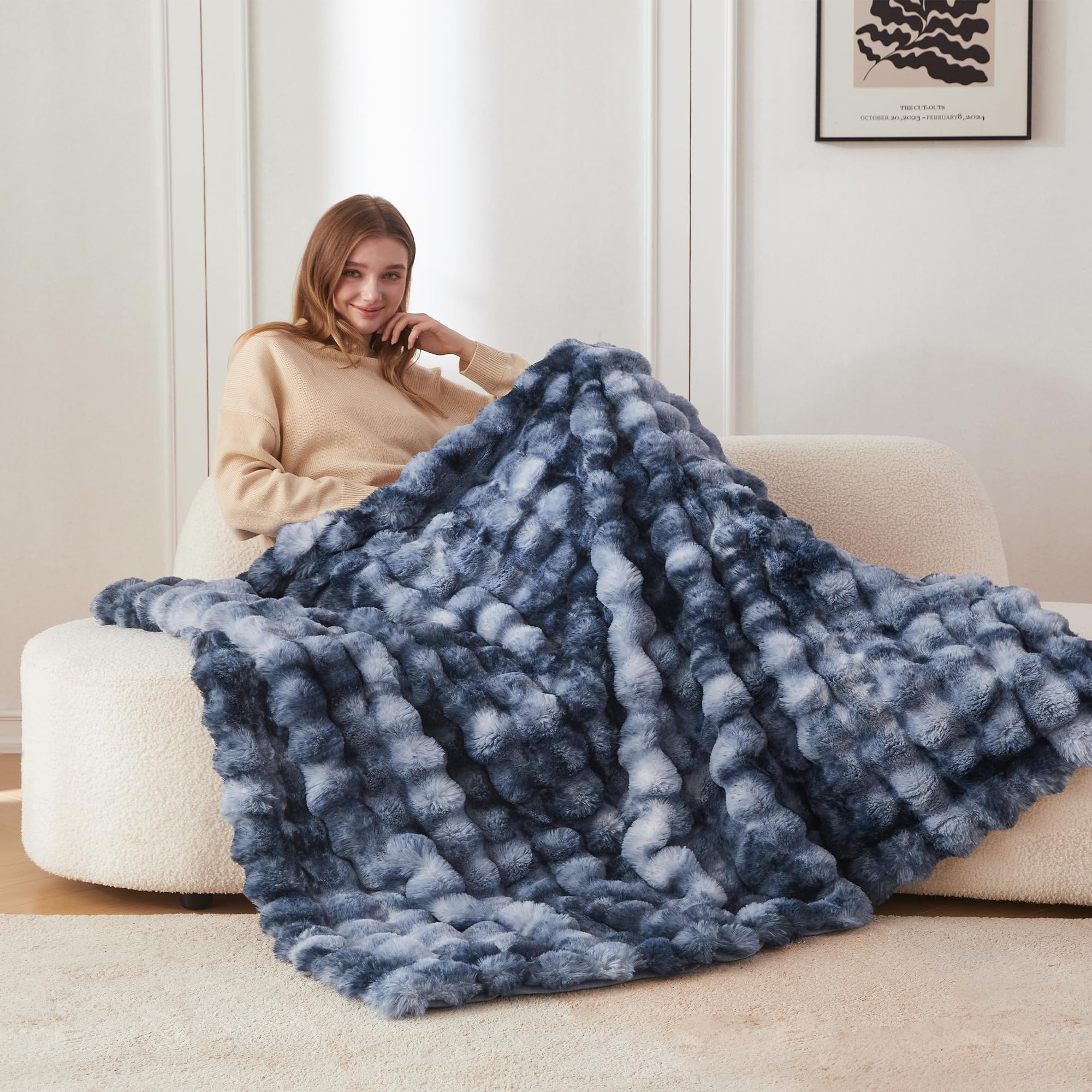 COOVA Faux Fur Throw Blanket for Couch, Cozy Soft and Fuzzy Plush Rabbit Fur Bubble Blanket for Sofa Bedroom Living Room, 50x60 Inches Tie Dye Brown