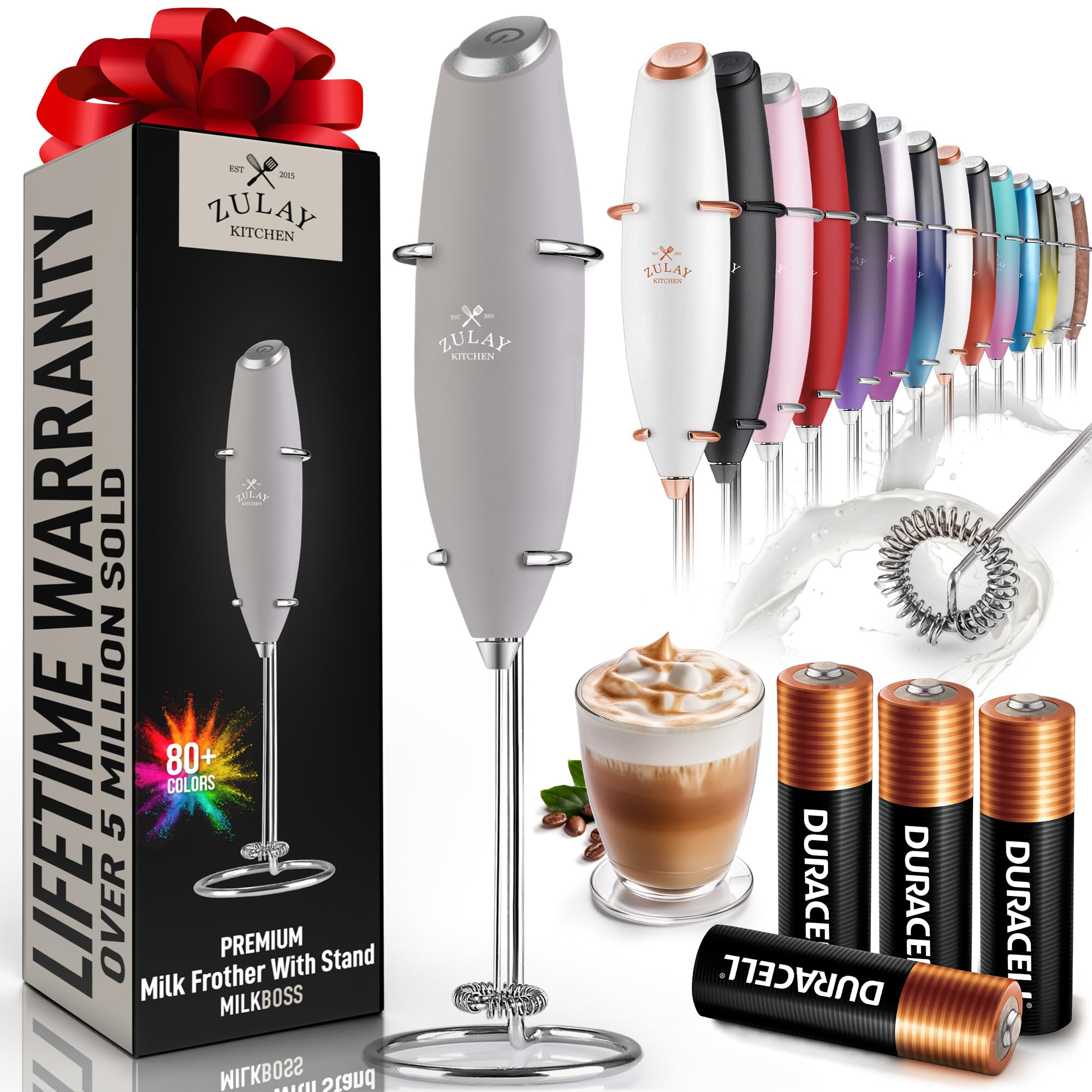 Zulay Kitchen Powerful Milk Frother Wand With 2 Duracell Batteries - Ultra Fast Handheld Drink Mixer - Electric Whisk Foam Maker for Coffee, Lattes, Cappuccino, Matcha, Hot Chocolate & Creamer - Black