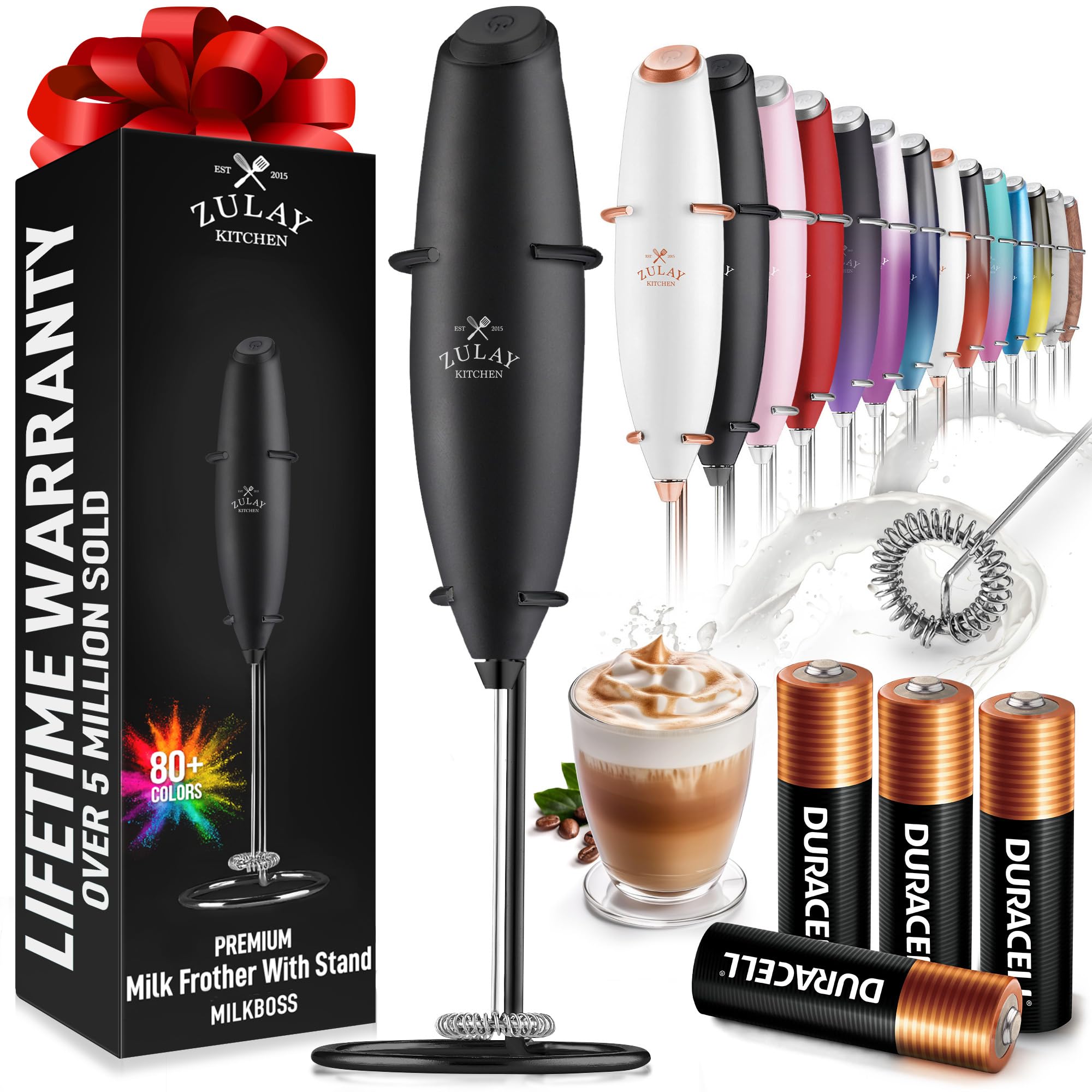 Zulay Kitchen Powerful Milk Frother Wand With 2 Duracell Batteries - Ultra Fast Handheld Drink Mixer - Electric Whisk Foam Maker for Coffee, Lattes, Cappuccino, Matcha, Hot Chocolate & Creamer - Black
