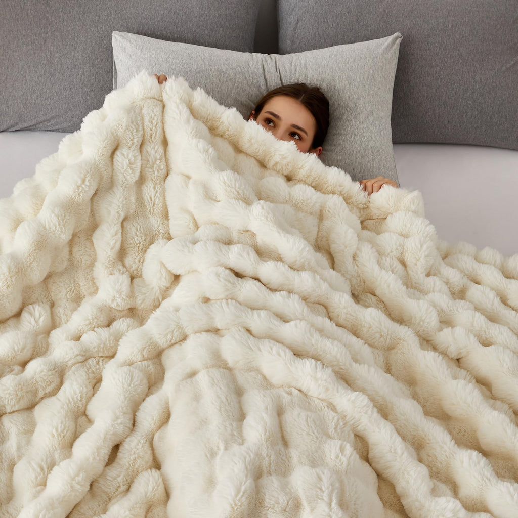 COOVA Faux Fur Throw Blanket for Couch, Cozy Soft and Fuzzy Plush Rabbit Fur Bubble Blanket for Sofa Bedroom Living Room, 50x60 Inches Tie Dye Brown