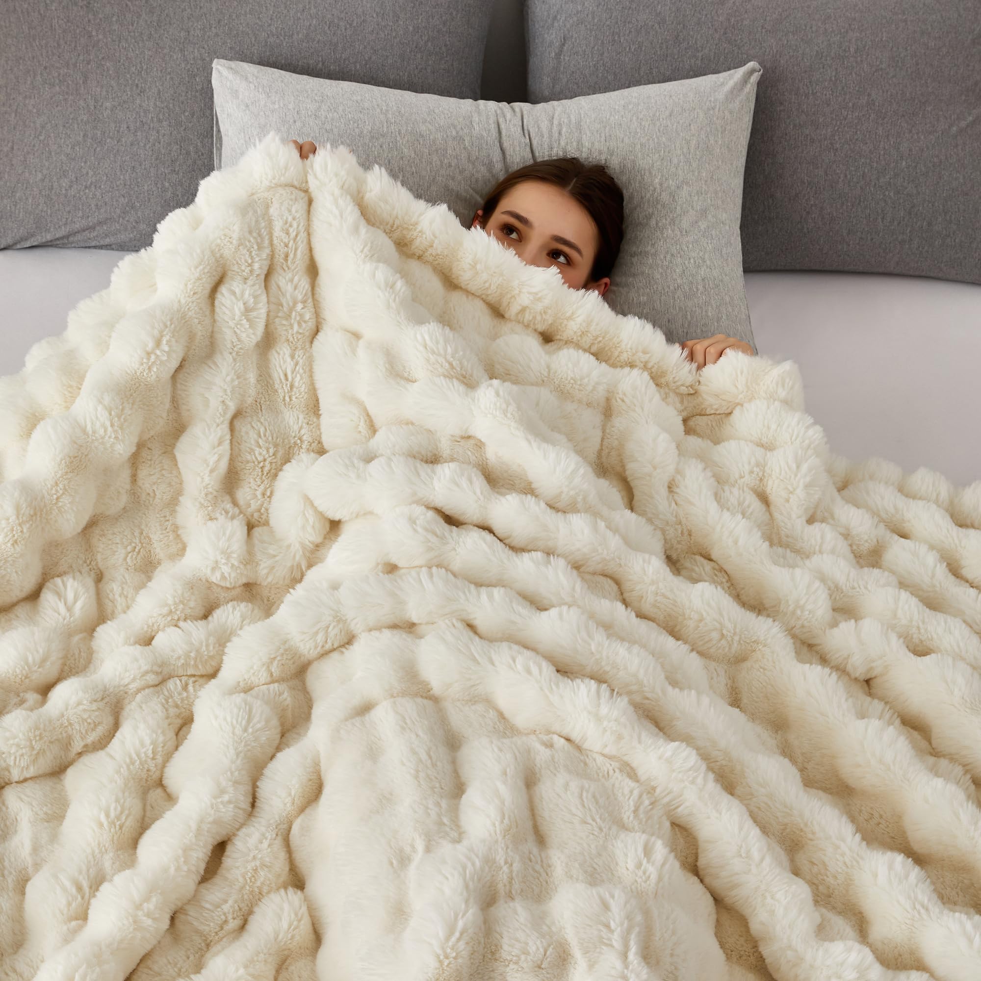 COOVA Faux Fur Throw Blanket for Couch, Cozy Soft and Fuzzy Plush Rabbit Fur Bubble Blanket for Sofa Bedroom Living Room, 50x60 Inches Tie Dye Brown