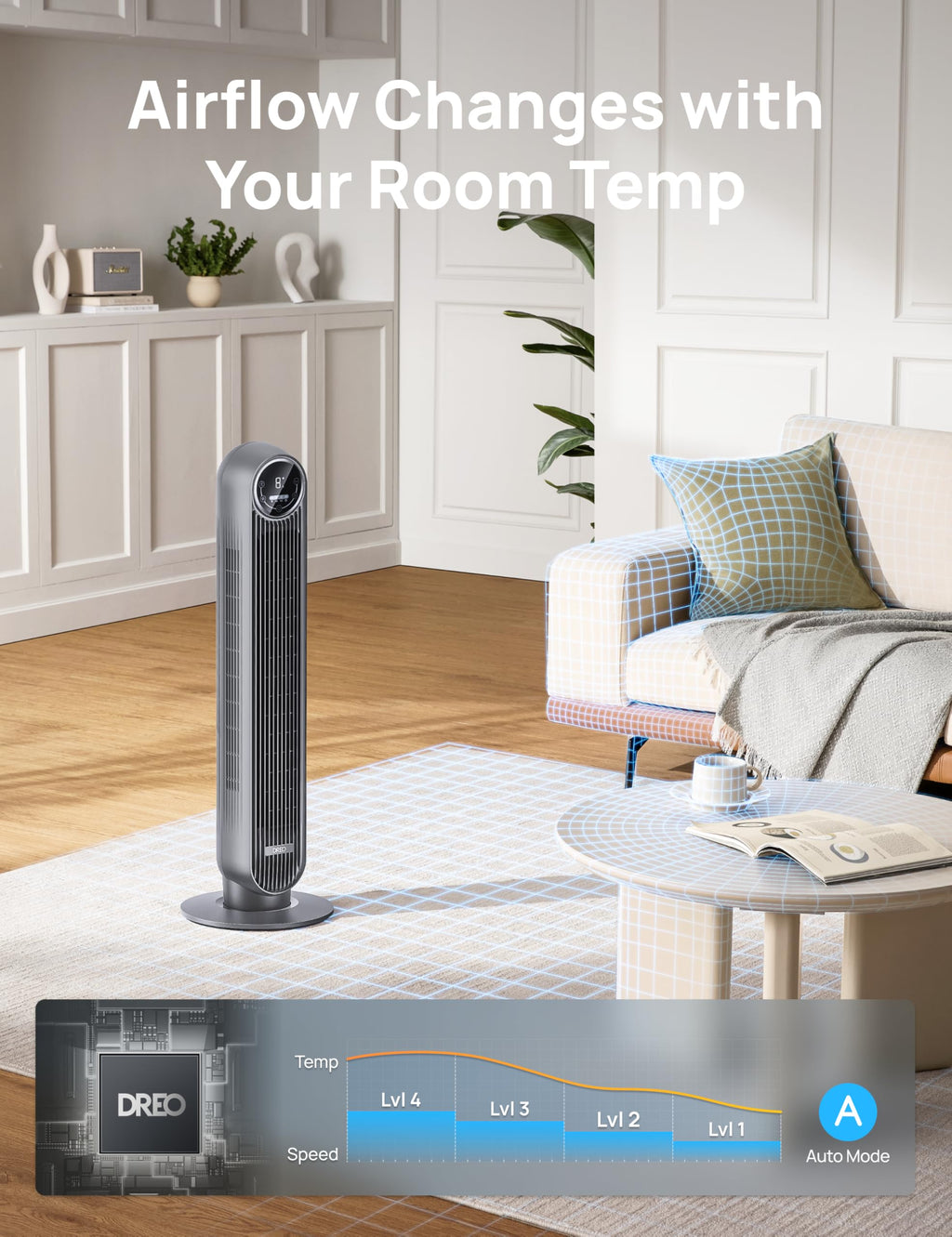DREO Tower Fan for Bedroom, 2026 Upgraded DC Motor, 28ft/s High Velocity, 20dB Ultra Quiet Standing Fan, 8 Speeds 4 Modes, 90° Oscillating Bladeless Fan for Indoors, Floor Fans with Remote, Black