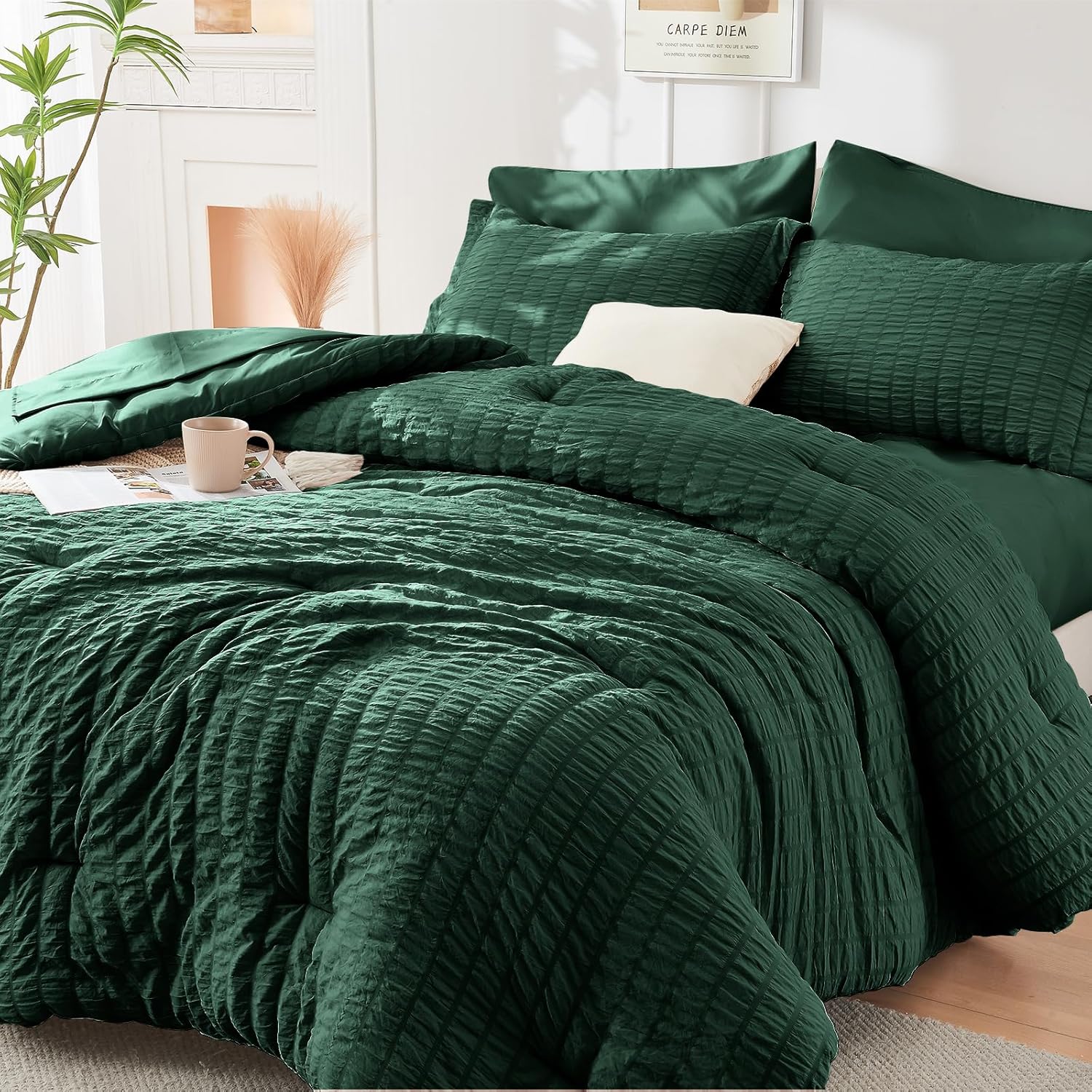 HYMOKEGE Queen Comforter Set Seersucker 7 Pieces, All Season Luxury Bed in a Bag for Bedroom, Bedding Set with Comforters, Sheets, Pillowcases & Shams, Dark Grey