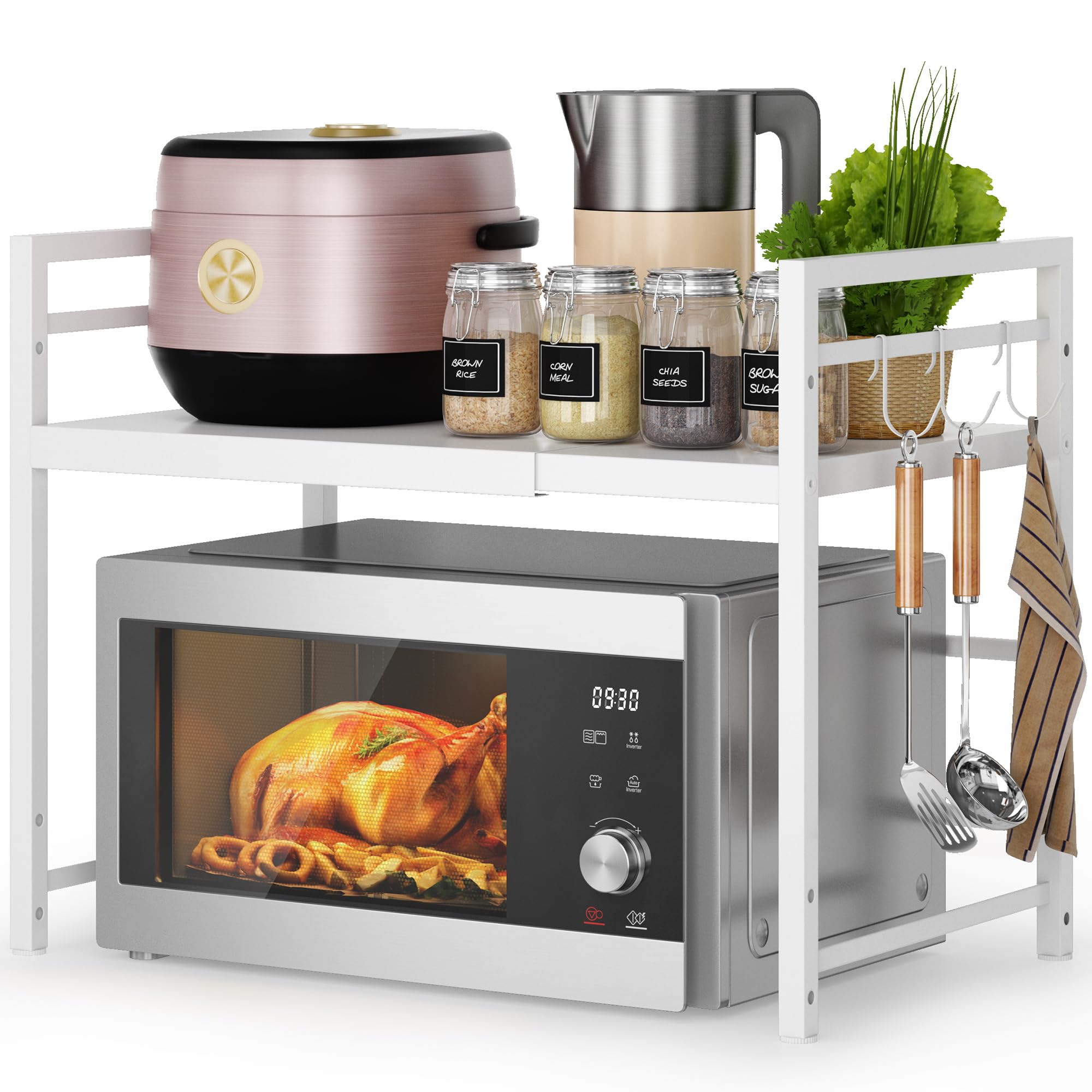 DOLALIKE Microwave Oven Rack, Expandable Microwave Stand Countertop Kitchen Utensils Tableware Storage, Carbon Steel Over Microwave Shelf Countertop with 3 Hooks