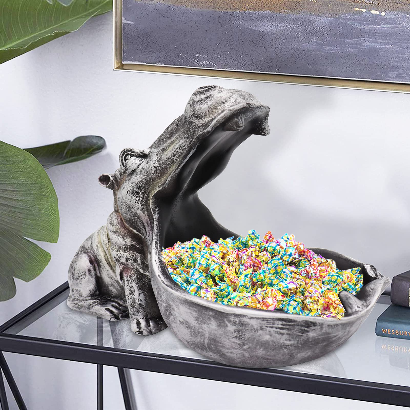 aboxoo Hippo Statue,Large Hippopotamus Figurine Home Sculpture with Resin, Hippo Candy Jar, Candy Dish Bowl for Office Desk, Key Bowl for Entryway Table,Container Storage Art Decor Box(Dark Blue)