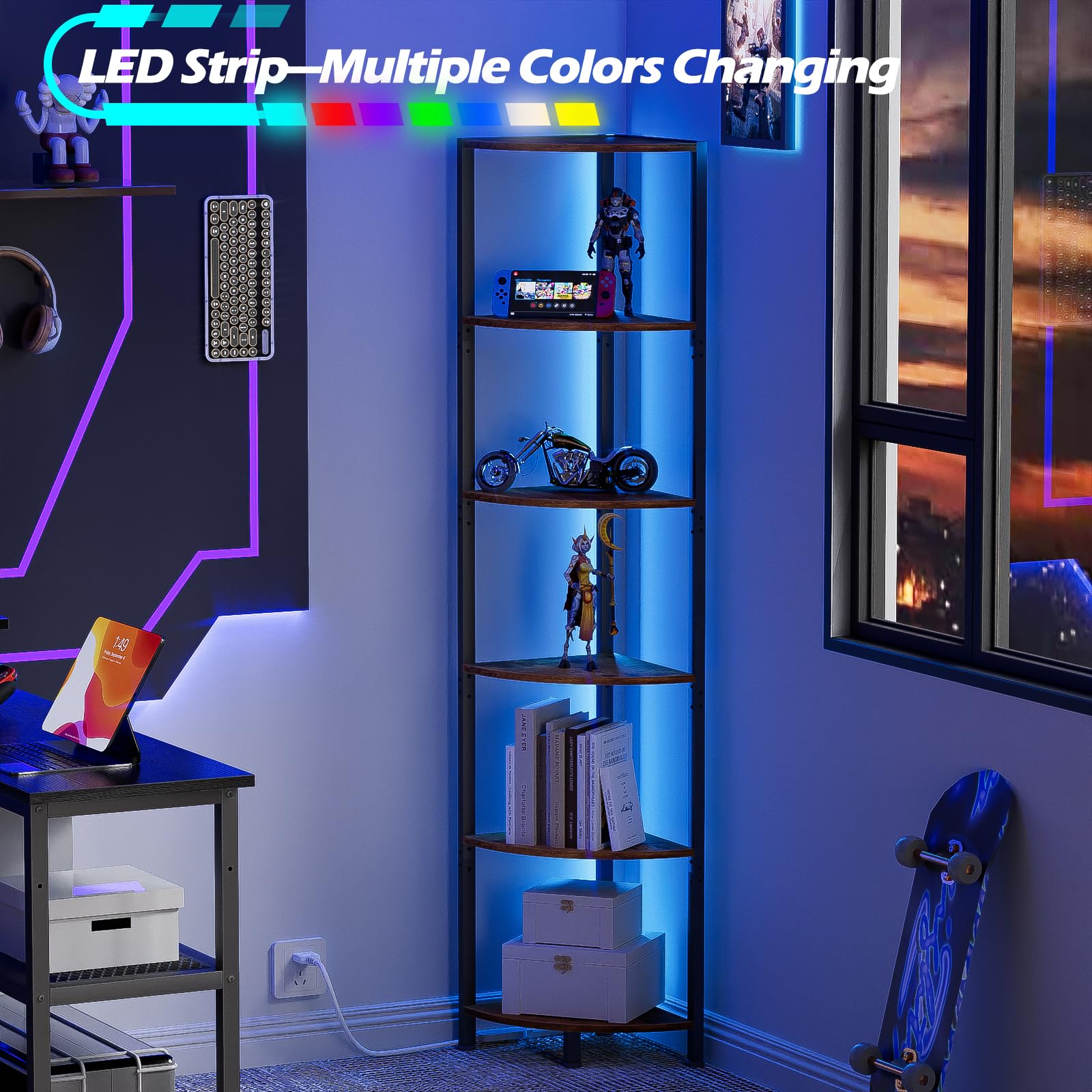 Furnulem 6 Tier Corner Shelf with LED Light, 67.5” Tall Standing Shelf Organizer, Black Narrow Bookshelf with Storage Rack for Wall Corner, Living Room, Bedroom, Metal Frame, Wood Display Shelf