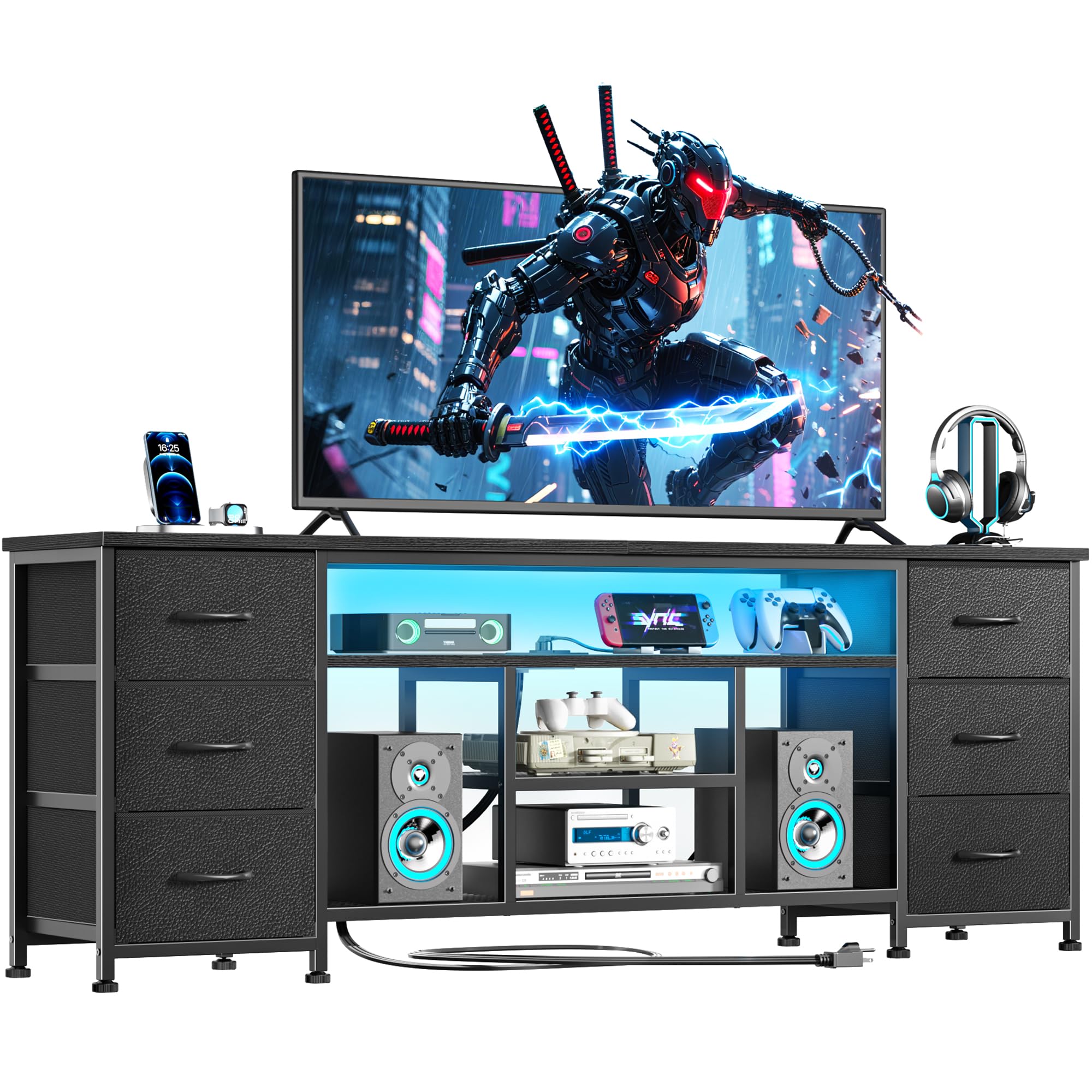 Furologee LED TV Stand for 65, 70 Inch TV, 63 Inch Entertainment Center with Power Outlets, 6 Fabric Drawers Dresser for Bedroom, Media Console with Open Shelves, Rustic Brown