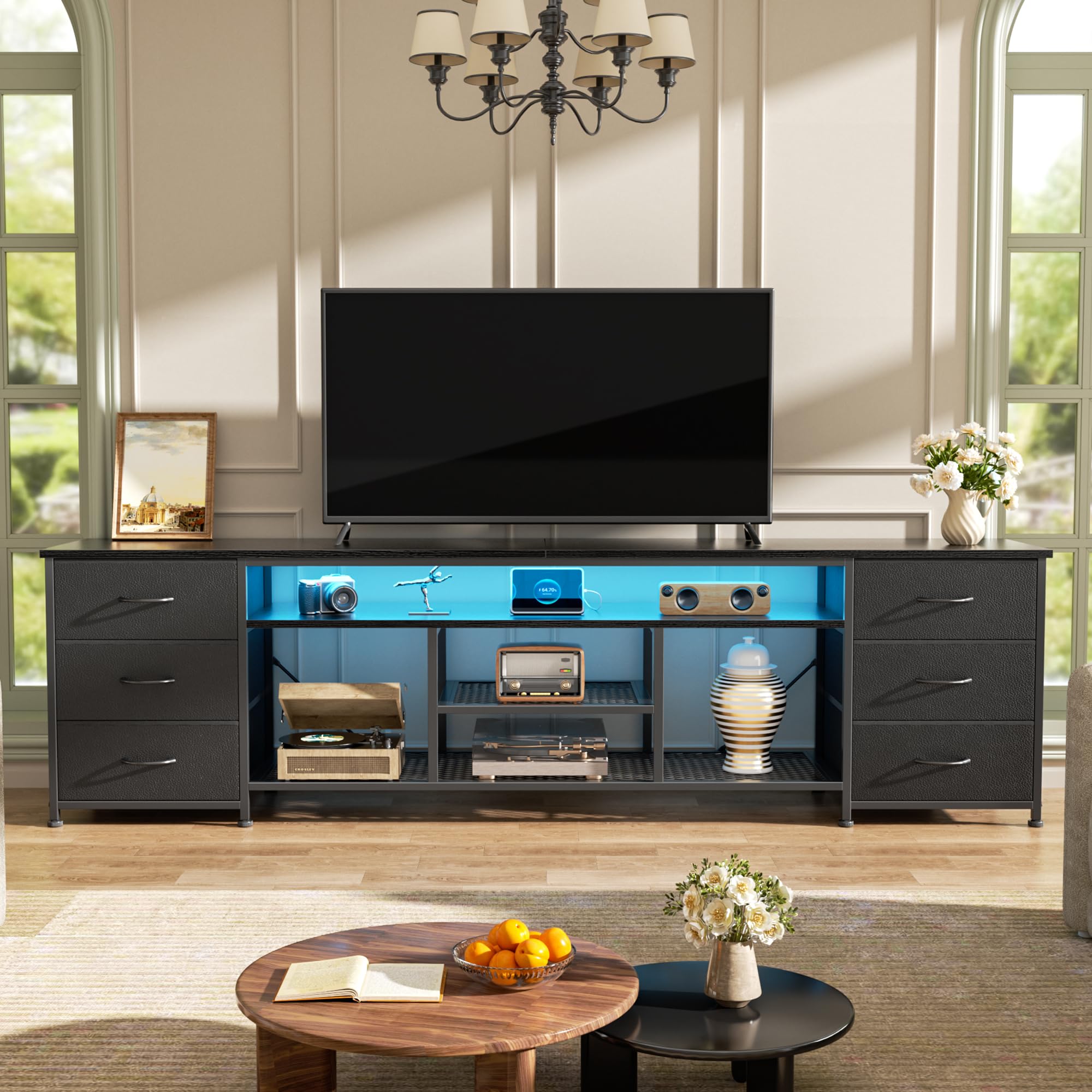 Furologee LED TV Stand for 65, 70 Inch TV, 63 Inch Entertainment Center with Power Outlets, 6 Fabric Drawers Dresser for Bedroom, Media Console with Open Shelves, Rustic Brown
