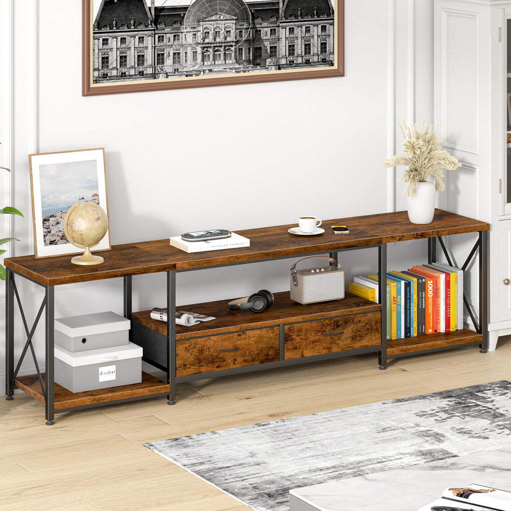 GYIIYUO TV Stand with Fabric Drawer - Entertainment Center and Industrial TV Console Table with Open Storage Shelves for Living Room, Bedroom - 55.1" Rustic Brown