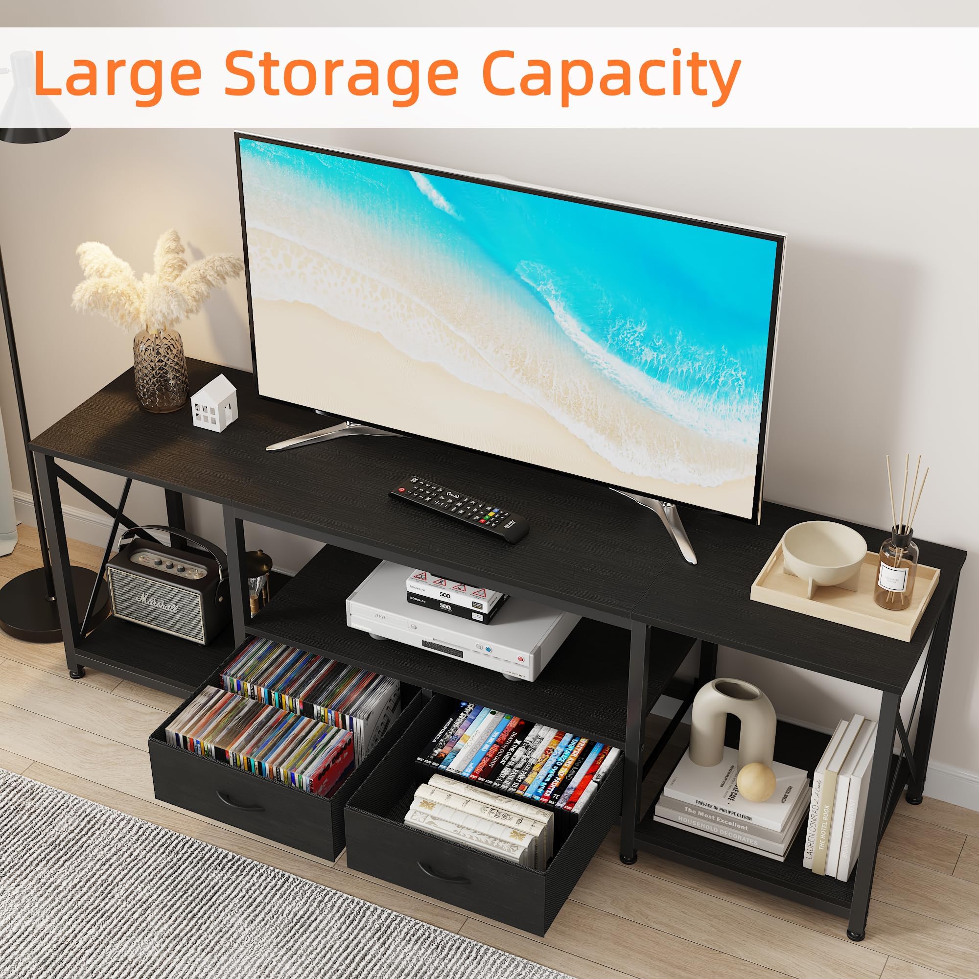 GYIIYUO TV Stand with Fabric Drawer - Entertainment Center and Industrial TV Console Table with Open Storage Shelves for Living Room, Bedroom - 55.1" Rustic Brown