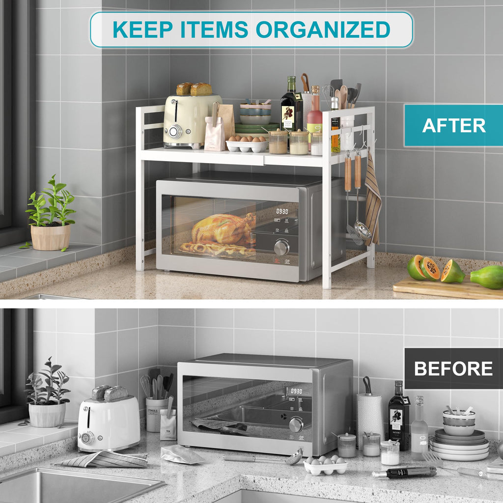 DOLALIKE Microwave Oven Rack, Expandable Microwave Stand Countertop Kitchen Utensils Tableware Storage, Carbon Steel Over Microwave Shelf Countertop with 3 Hooks