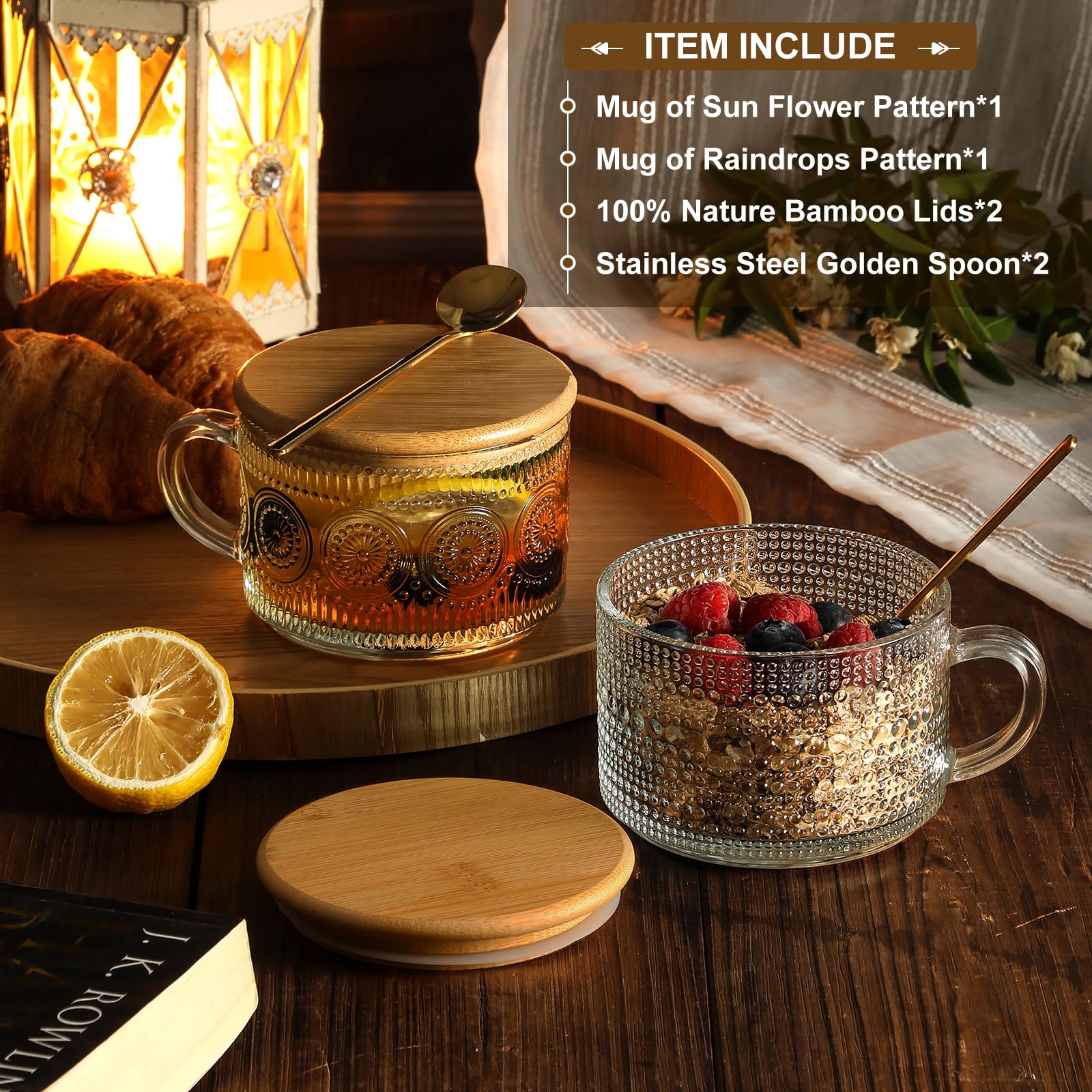4pcs Set Vintage Coffee Mugs gifts for women, Overnight Oats Containers with Bamboo Lids and Spoons - 14oz Clear Embossed Glass Cups, Cute Coffee Bar Accessories, Iced Coffee Glasses