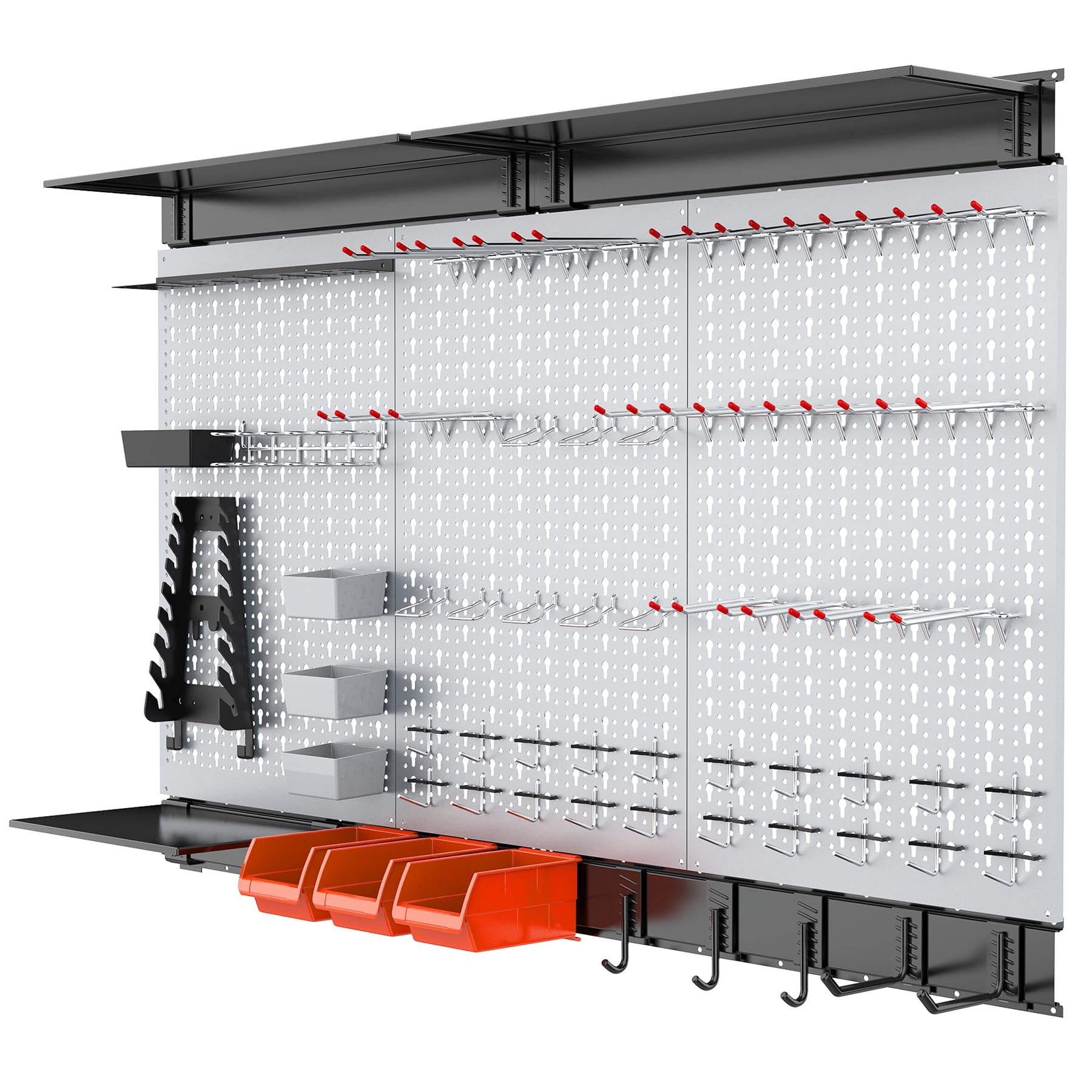 WALMANN 113 PCS Pegboard Wall Organizer Kit with Pegboard Hooks, Bins, Shelves, Pegboard Tools Storage System for Garage, Workbench, Modular Peg Board Tool Organizer Board with Hooks(Black)