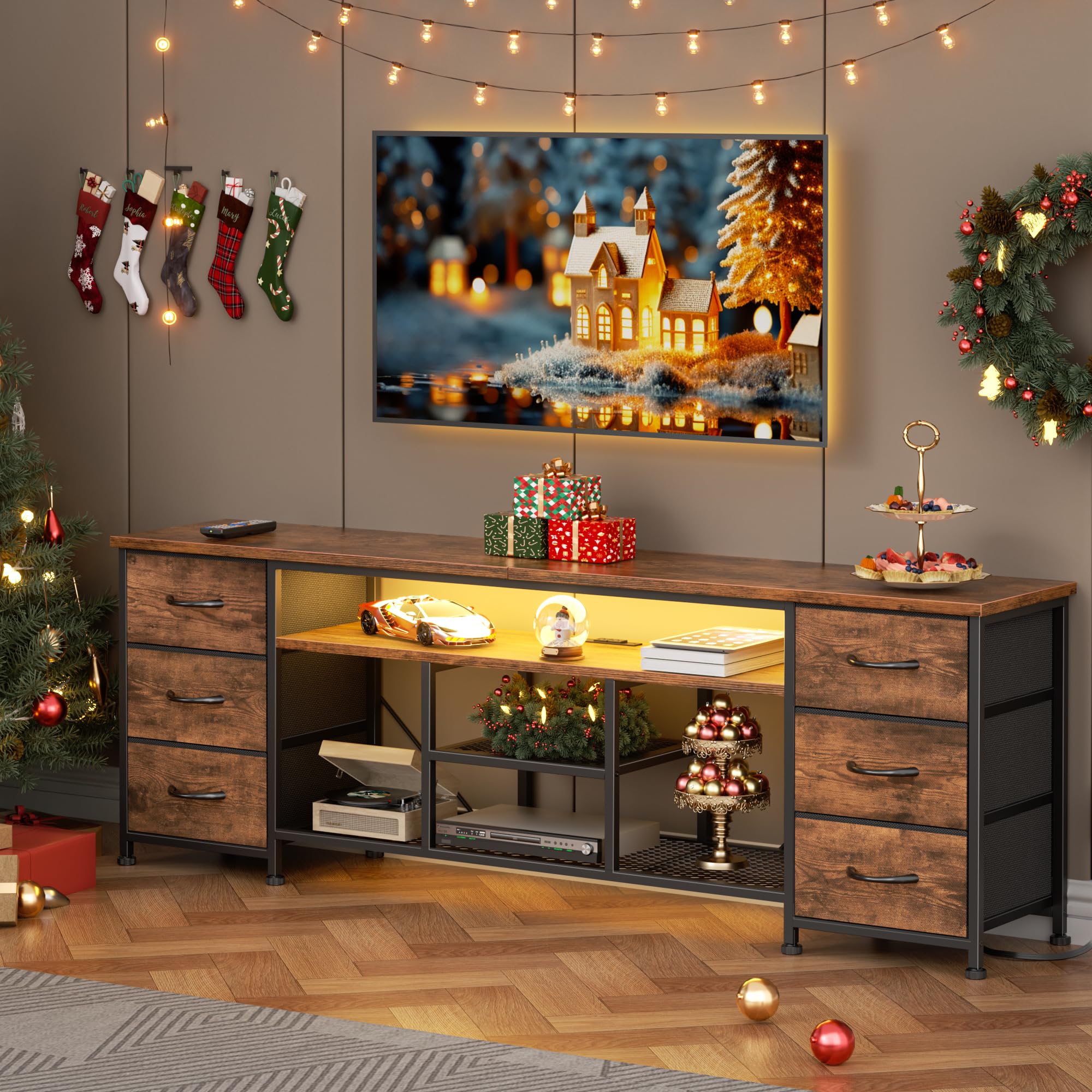 Furologee LED TV Stand for 65, 70 Inch TV, 63 Inch Entertainment Center with Power Outlets, 6 Fabric Drawers Dresser for Bedroom, Media Console with Open Shelves, Rustic Brown