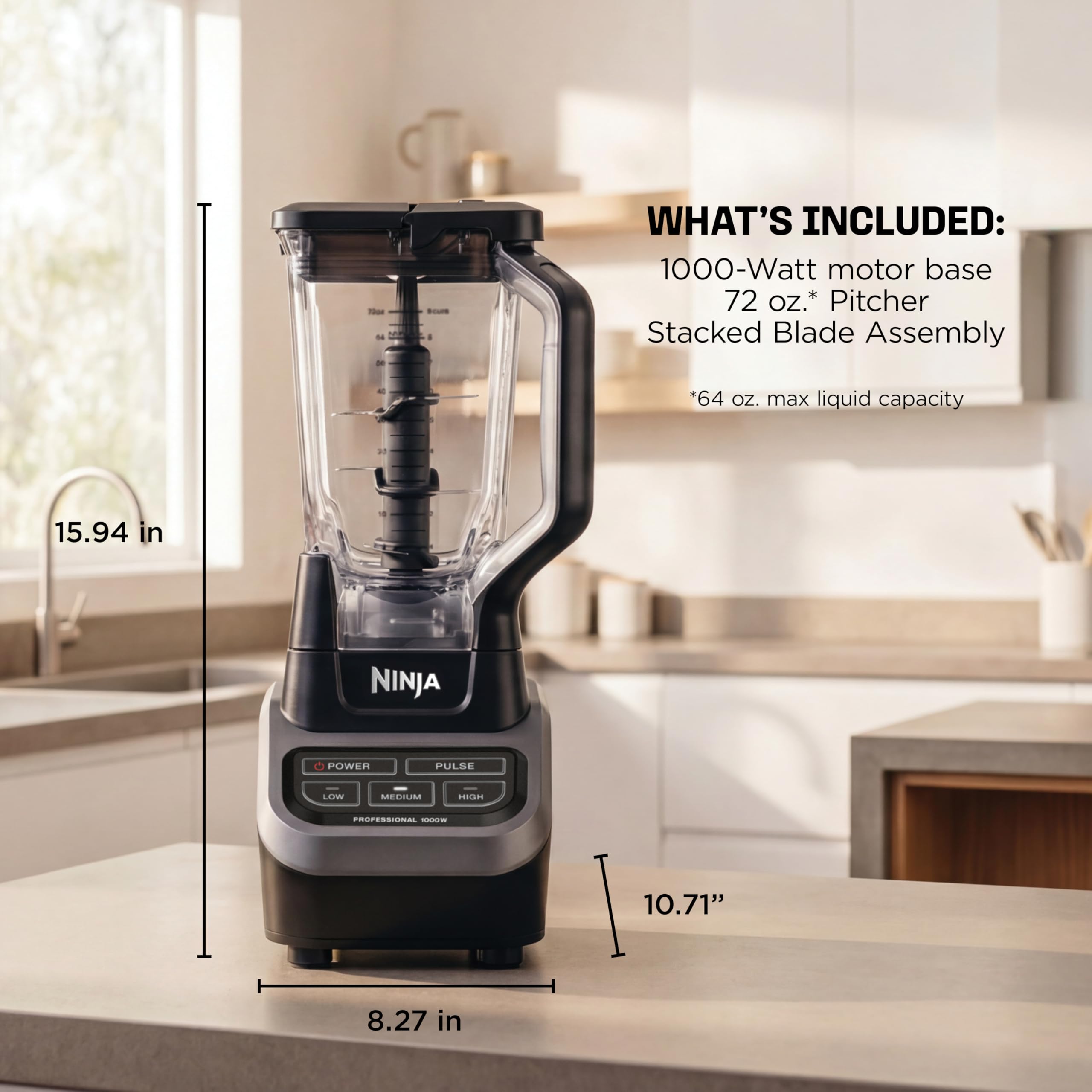 Ninja Professional Blender, Smoothie Blender, Drink Mixer, Grinder, Ice Crusher, Frozen Fruit Blending | Professional 1000 W Power, Total Crushing ™ Technology, XL 72-oz. Pitcher Black, Grey, BL610