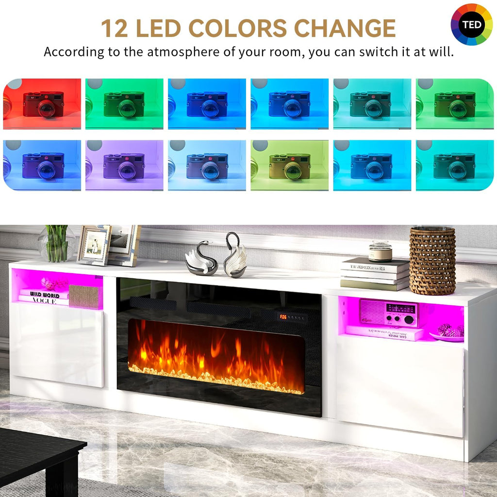 oneinmil Fireplace TV Stand with 36" Electric Fireplace, LED Light Entertainment Center, Modern Wood Texture Entertainment Stand with Highlight Storage Cabinet for TVs Up to 80", 70 inches, Black