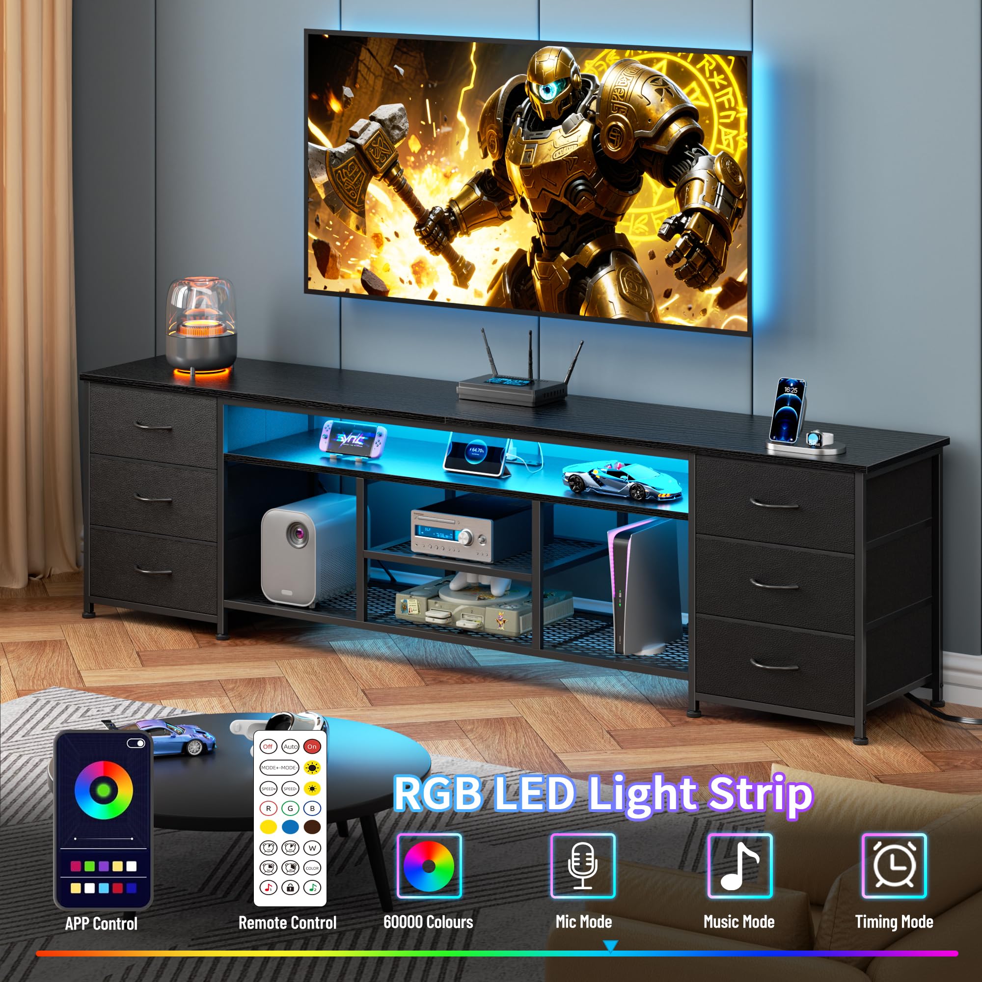 Furologee LED TV Stand for 65, 70 Inch TV, 63 Inch Entertainment Center with Power Outlets, 6 Fabric Drawers Dresser for Bedroom, Media Console with Open Shelves, Rustic Brown