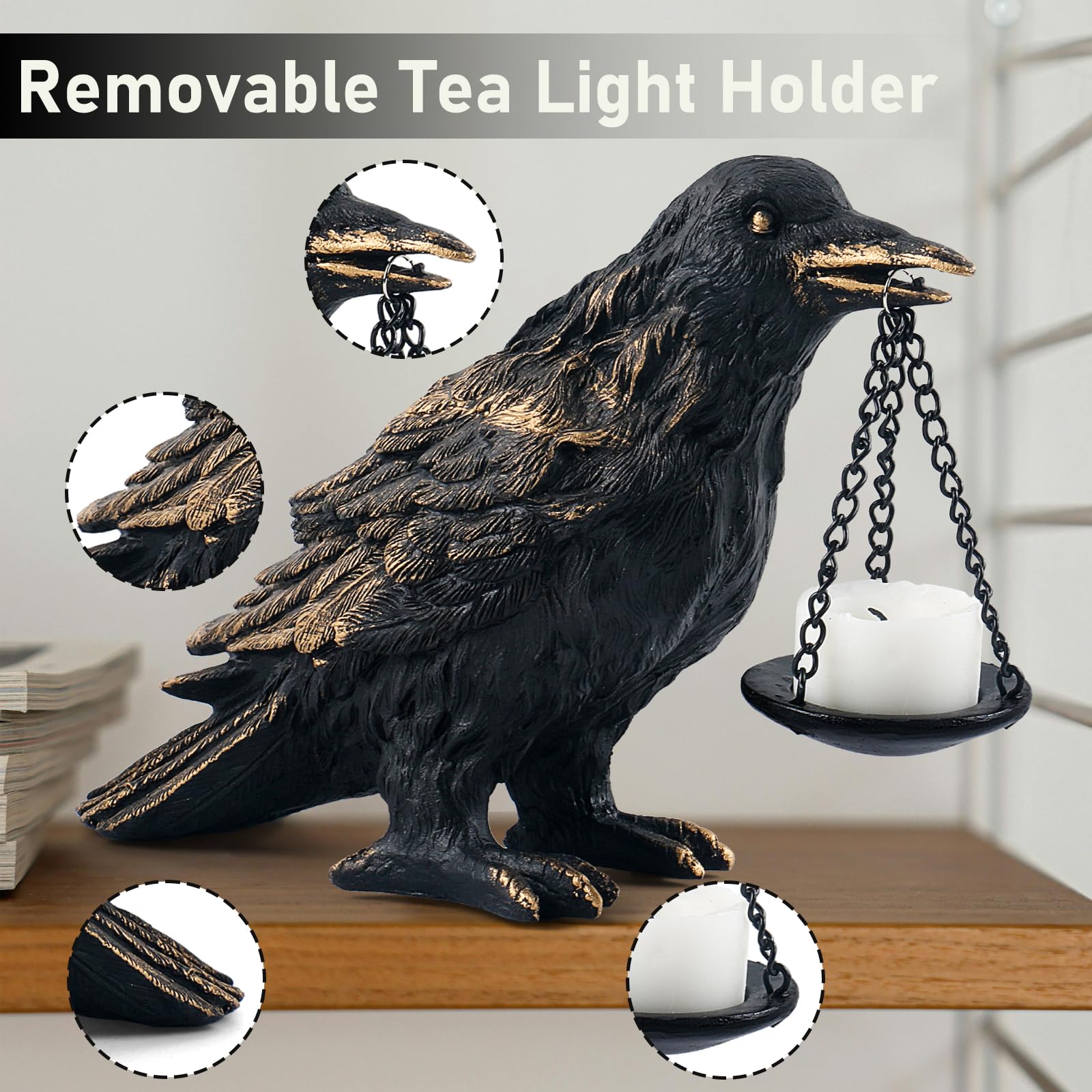Gothic Crow Lamp with Tealight Candle Holder Resin Raven Decor Statue Gothic Home Decor for Bedroom Unique Goth Gifts Black