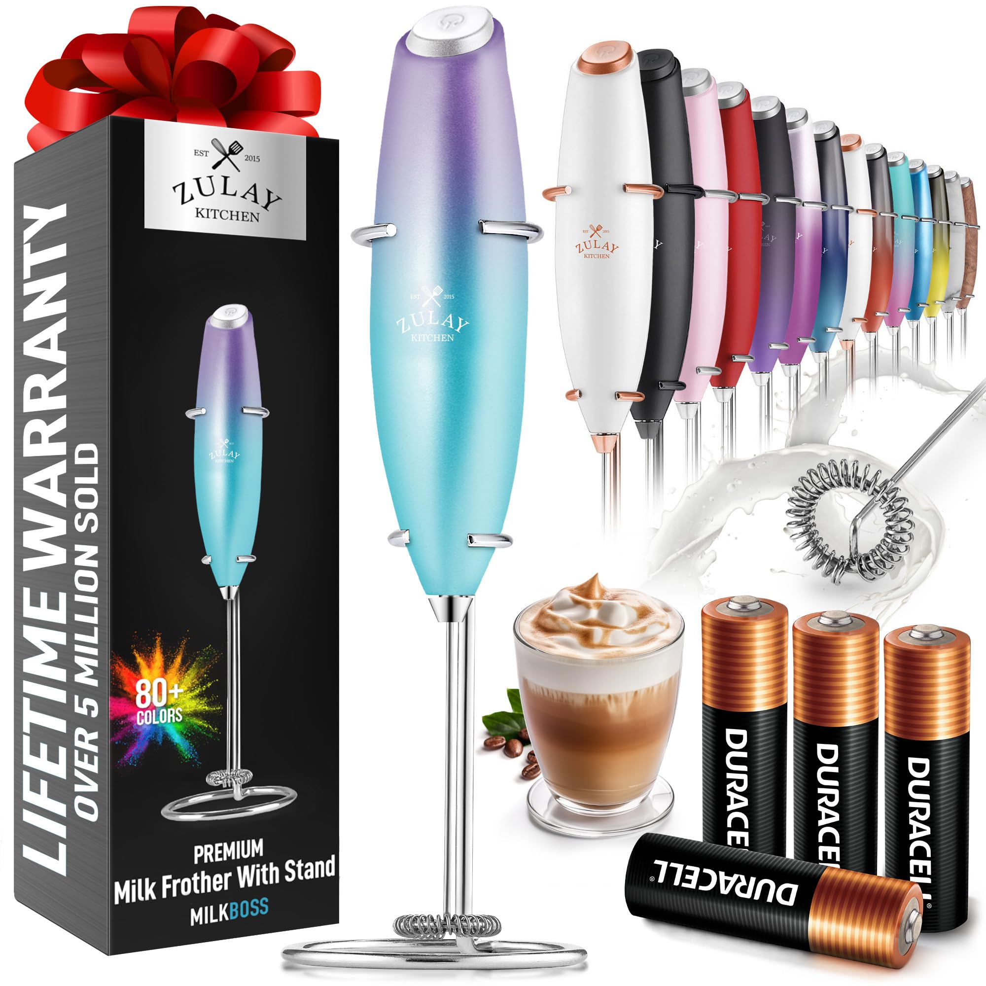 Zulay Kitchen Powerful Milk Frother Wand With 2 Duracell Batteries - Ultra Fast Handheld Drink Mixer - Electric Whisk Foam Maker for Coffee, Lattes, Cappuccino, Matcha, Hot Chocolate & Creamer - Black
