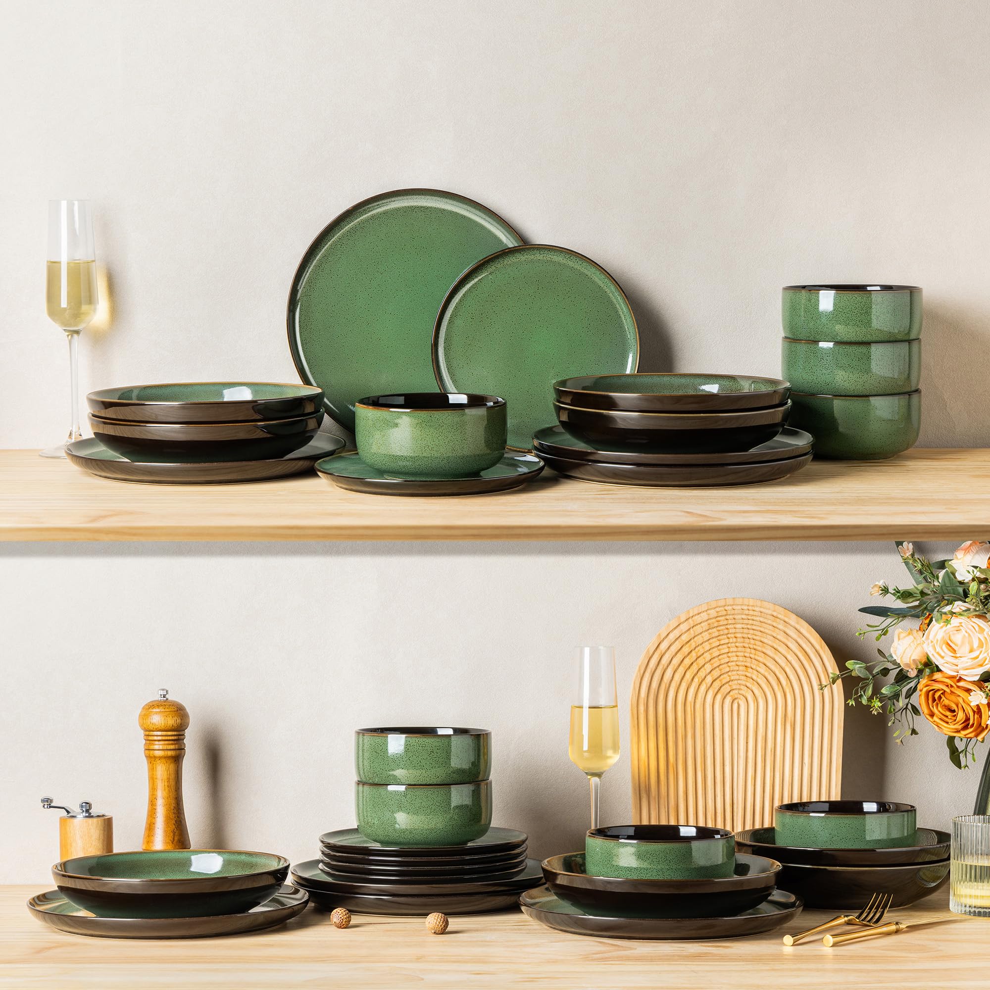 LERATIO Ceramic Dinnerware Sets for 8,Plates and Bowls Sets,Reactive Glaze Dishes Set,Highly Chip and Crack Resistant | Dishwasher & Microwave & Oven Safe Dishes set,Service for 8-Kahki (24pc)
