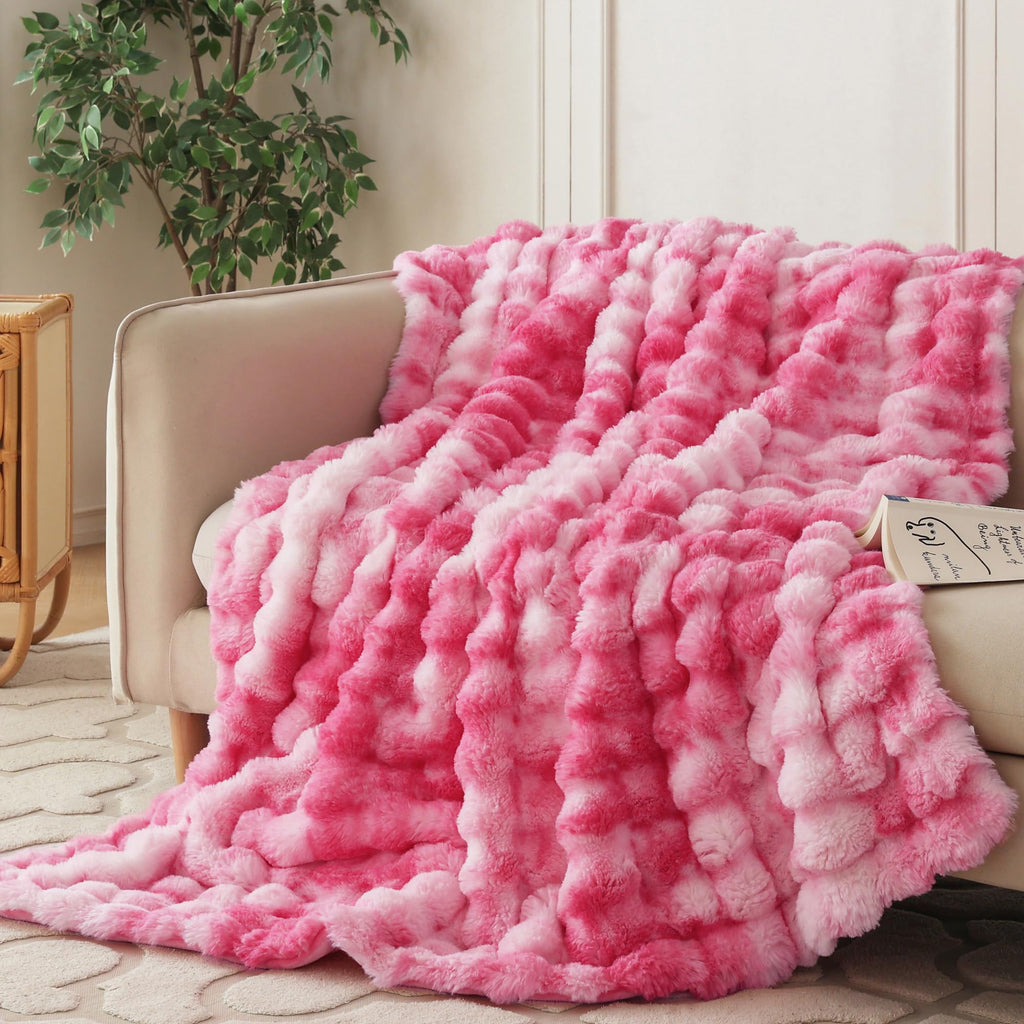 COOVA Faux Fur Throw Blanket for Couch, Cozy Soft and Fuzzy Plush Rabbit Fur Bubble Blanket for Sofa Bedroom Living Room, 50x60 Inches Tie Dye Brown