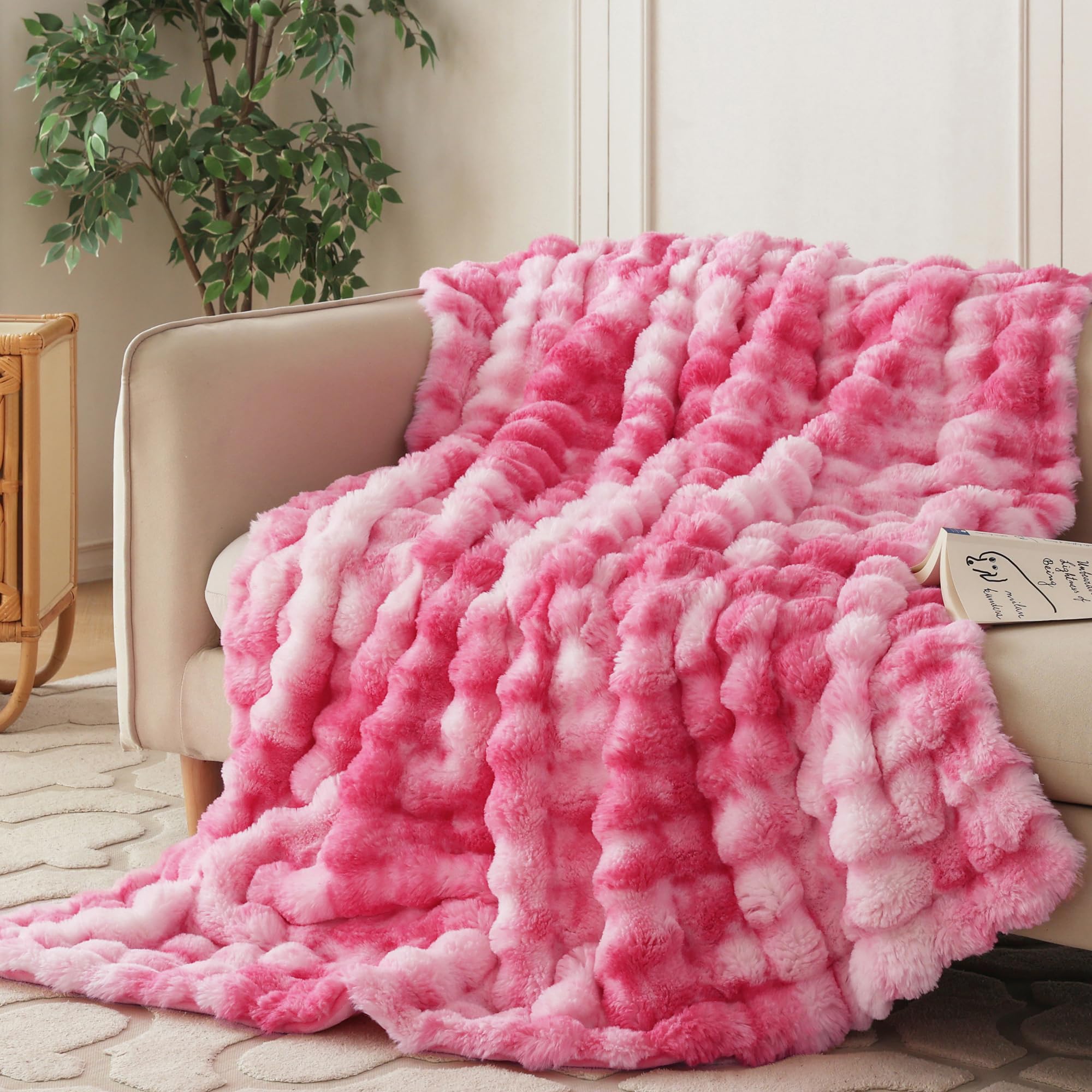 COOVA Faux Fur Throw Blanket for Couch, Cozy Soft and Fuzzy Plush Rabbit Fur Bubble Blanket for Sofa Bedroom Living Room, 50x60 Inches Tie Dye Brown