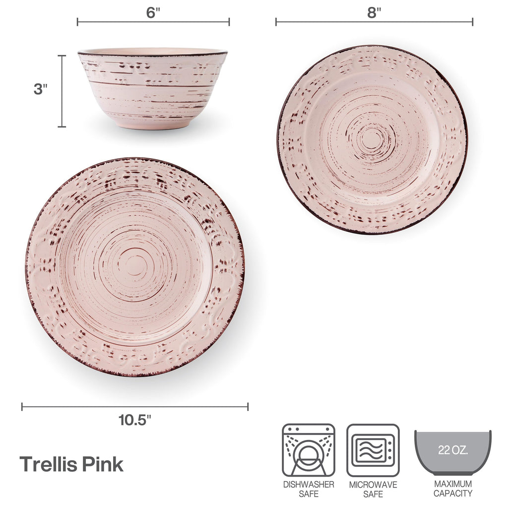 Pfaltzgraff Trellis White 16-Piece Stoneware Dinnerware Set, Service for 4, Distressed White Finish, Microwave & Dishwasher Safe Plates and Bowls