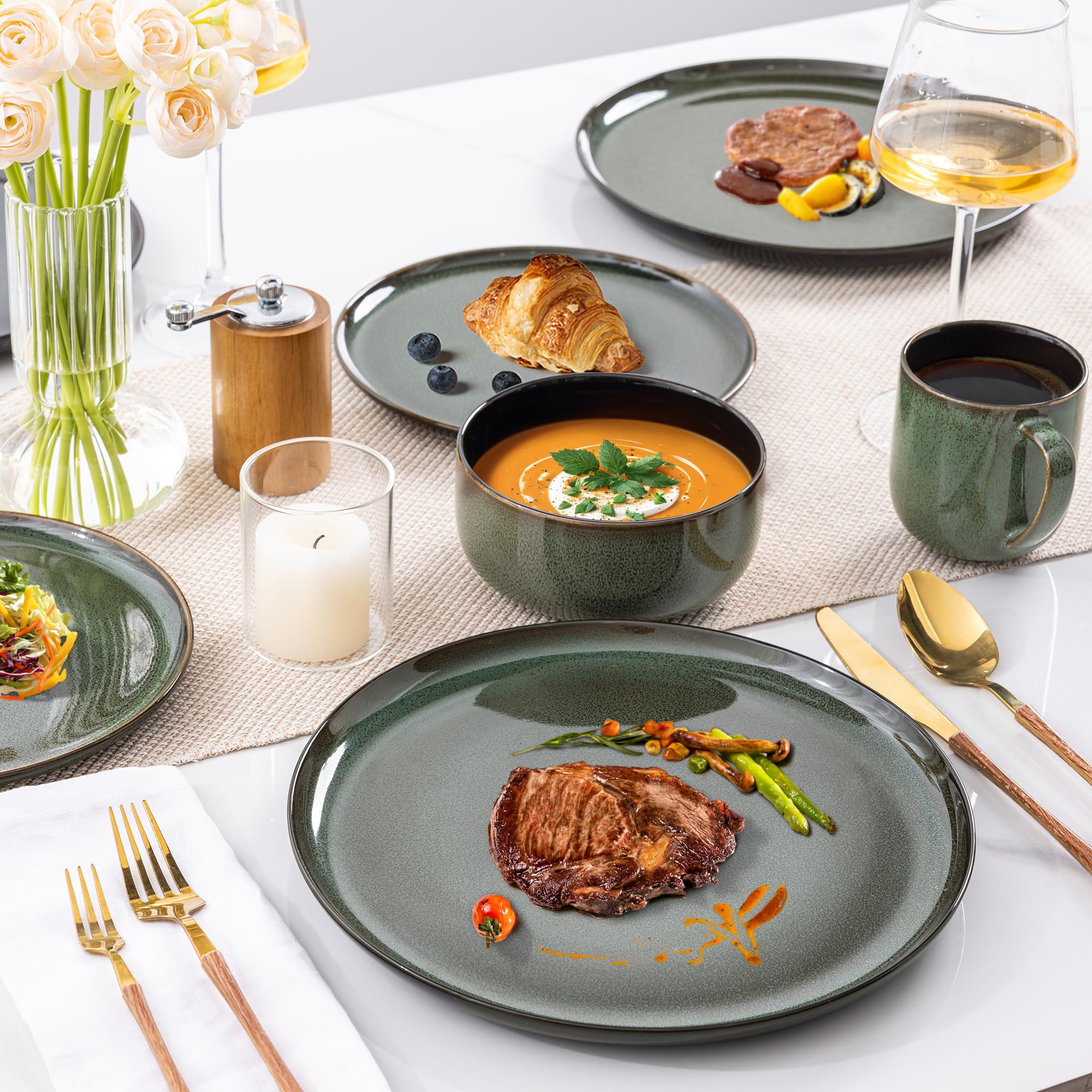 LERATIO Ceramic Dinnerware Sets for 8,Plates and Bowls Sets,Reactive Glaze Dishes Set,Highly Chip and Crack Resistant | Dishwasher & Microwave & Oven Safe Dishes set,Service for 8-Kahki (24pc)