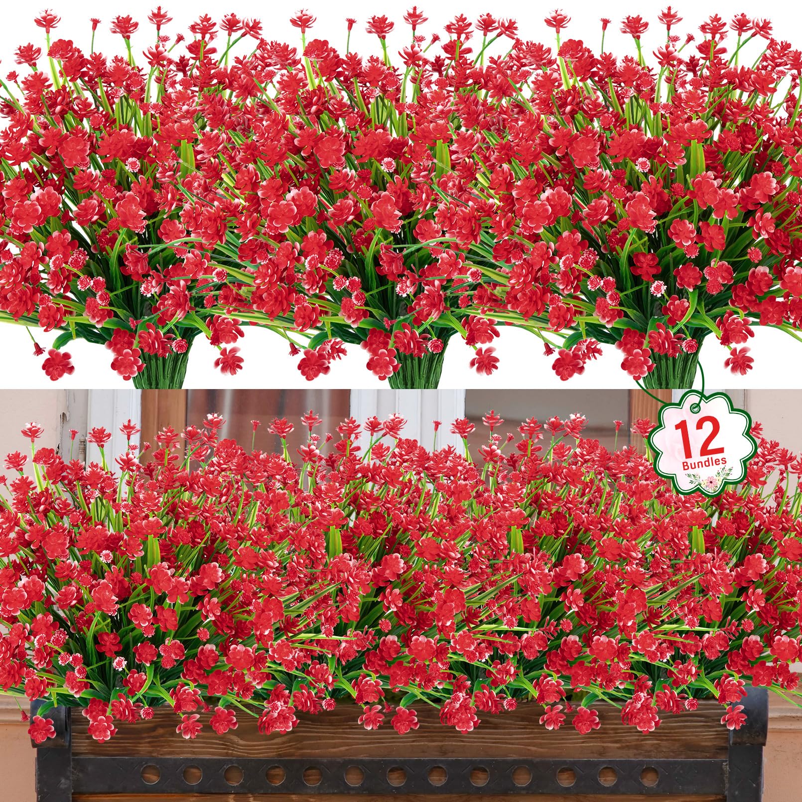 Ouddy Decor 24 Bundles Artificial Flowers for Outdoors UV Resistant Fake Plastic Plants Faux Boston Fern Greenery Stems for Spring Summer Indoor Garden Patio Window Box Kitchen Home Decor, Mixedcolor