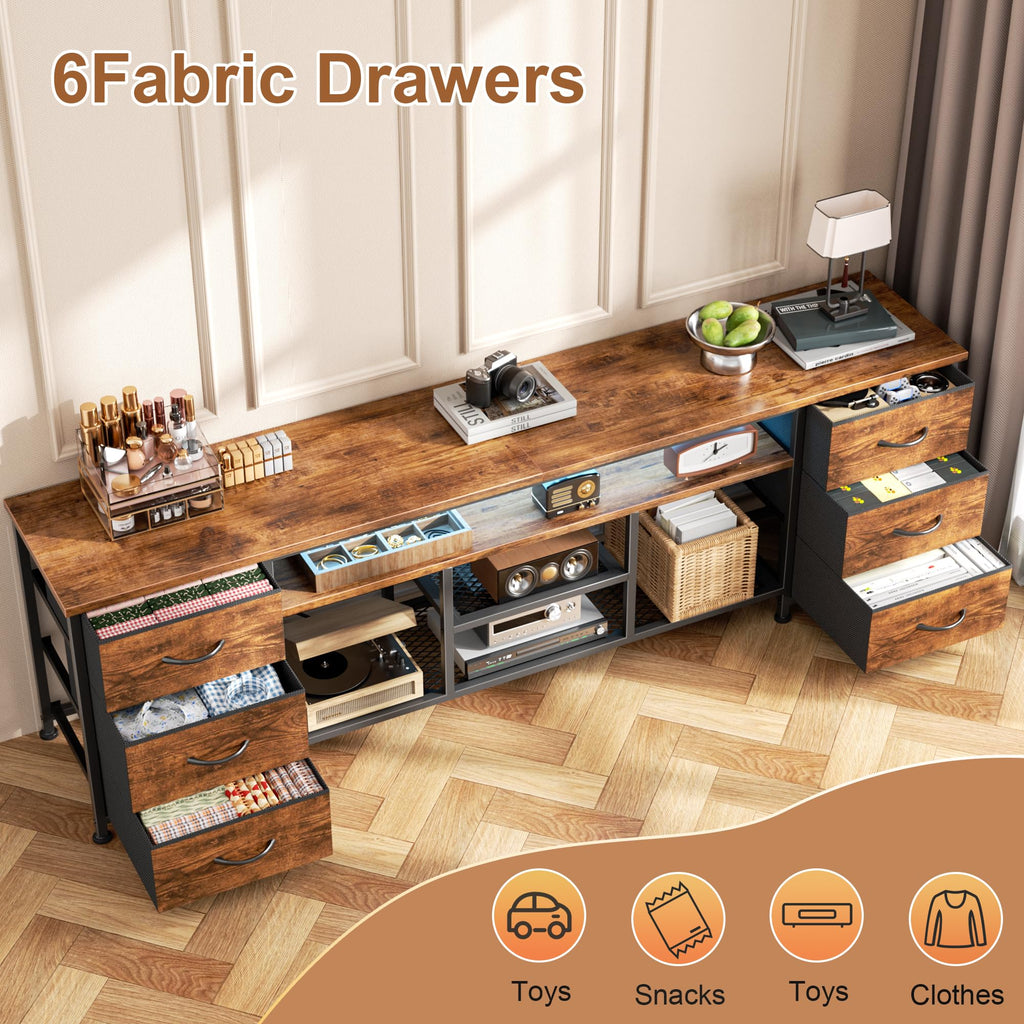Furologee LED TV Stand for 65, 70 Inch TV, 63 Inch Entertainment Center with Power Outlets, 6 Fabric Drawers Dresser for Bedroom, Media Console with Open Shelves, Rustic Brown