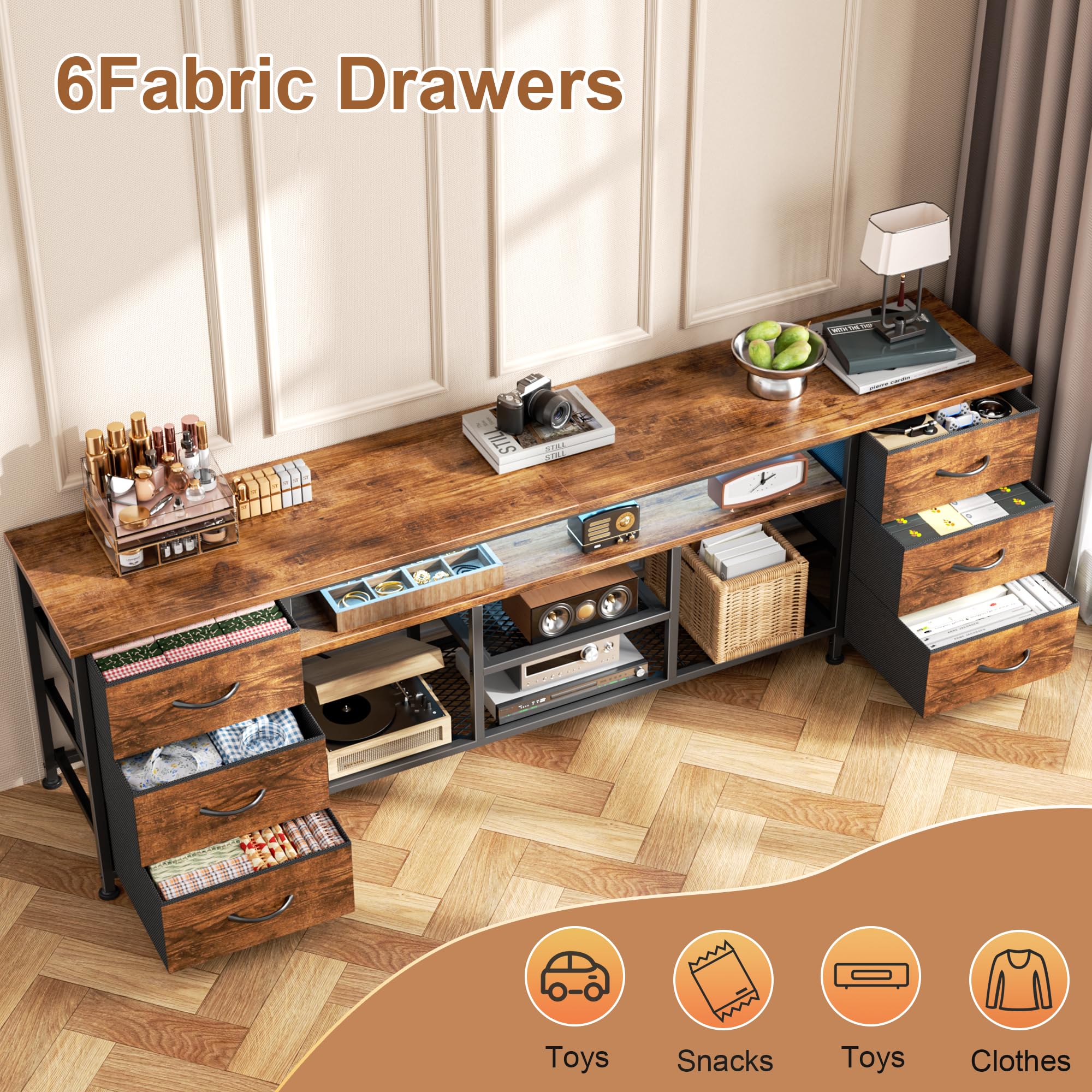 Furologee LED TV Stand for 65, 70 Inch TV, 63 Inch Entertainment Center with Power Outlets, 6 Fabric Drawers Dresser for Bedroom, Media Console with Open Shelves, Rustic Brown