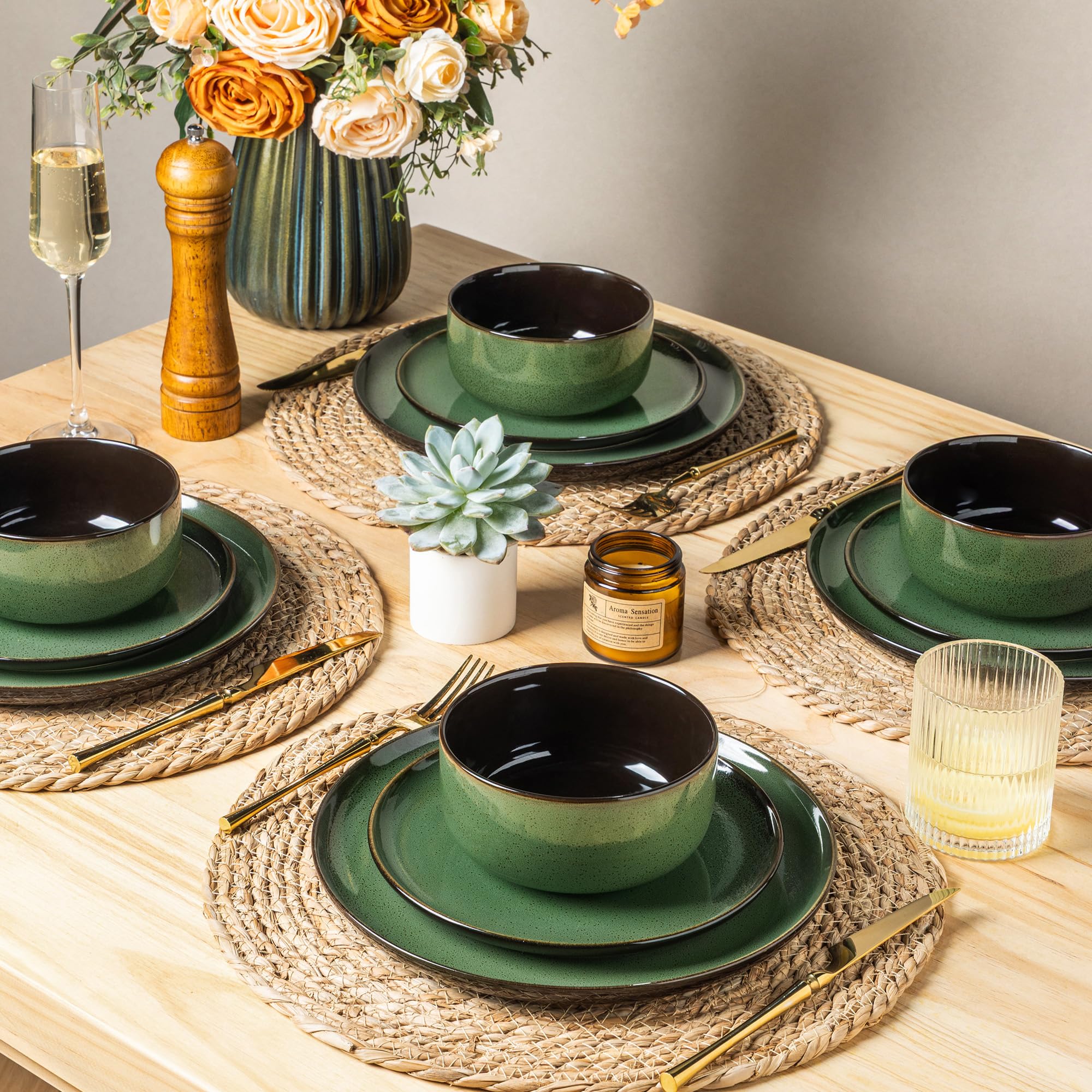 LERATIO Ceramic Dinnerware Sets for 8,Plates and Bowls Sets,Reactive Glaze Dishes Set,Highly Chip and Crack Resistant | Dishwasher & Microwave & Oven Safe Dishes set,Service for 8-Kahki (24pc)