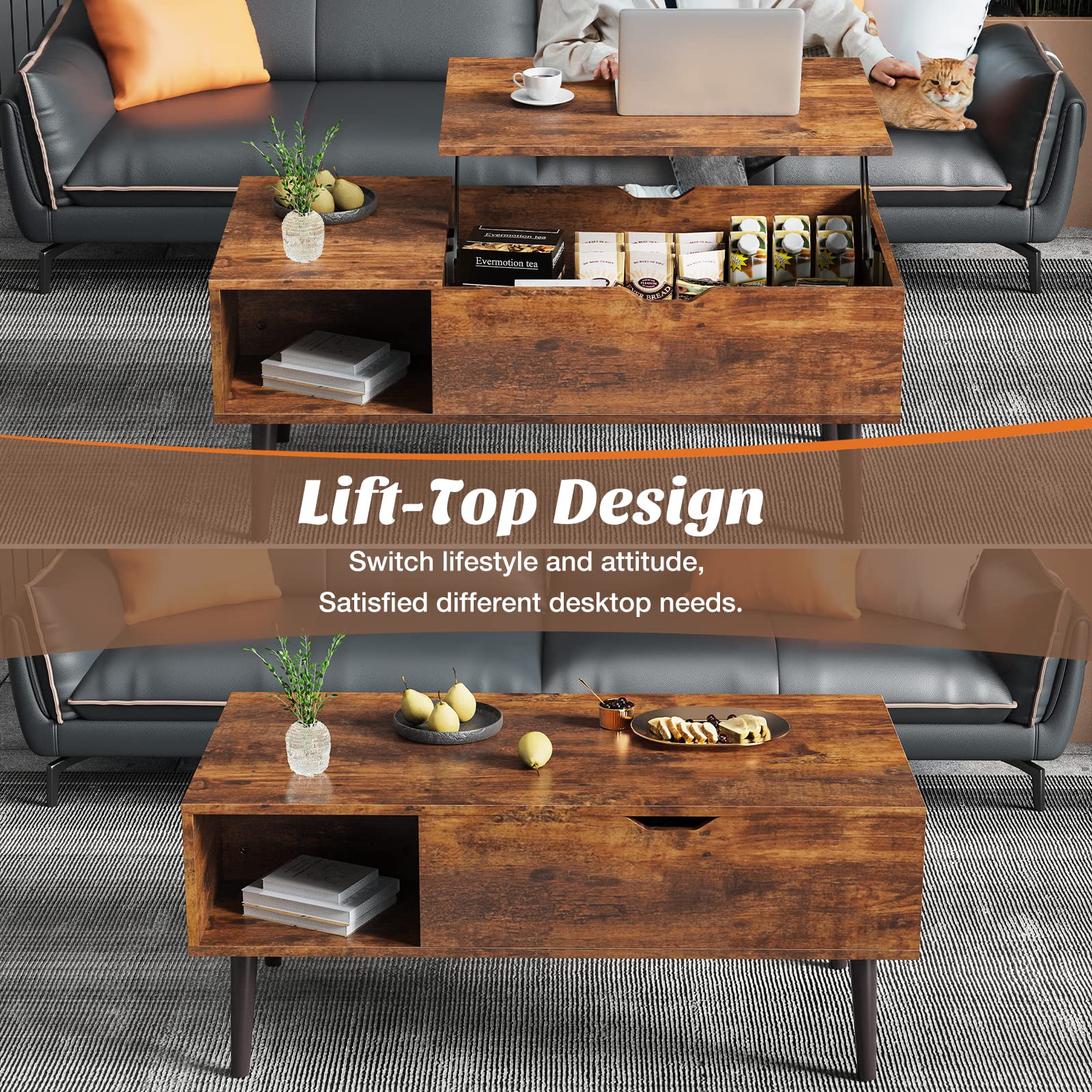 Sweetcrispy Lift Top Coffee Tables for Living Room, Small Rising Wooden Center Tables with Storage Shelf and Center Tables, with Storage Shelf.