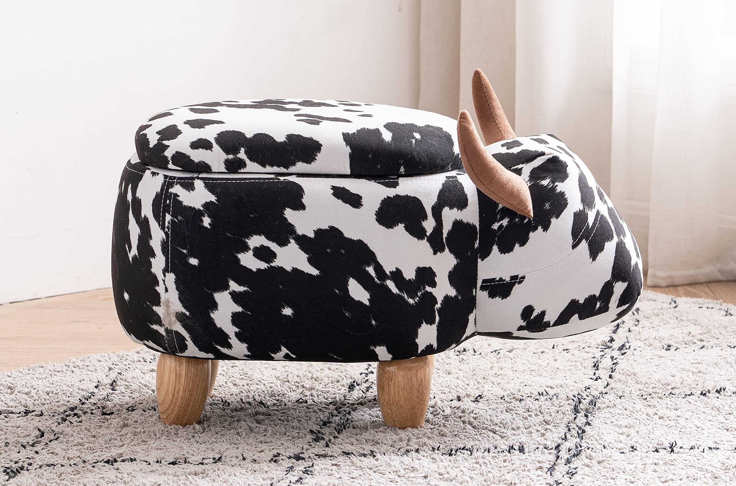 Home 2 Office Cow Ottoman for Kids' Bedroom, Playroom, Nursery, and Living Room, Animal Ottoman with Storage, Footstool for Kids, Black/White