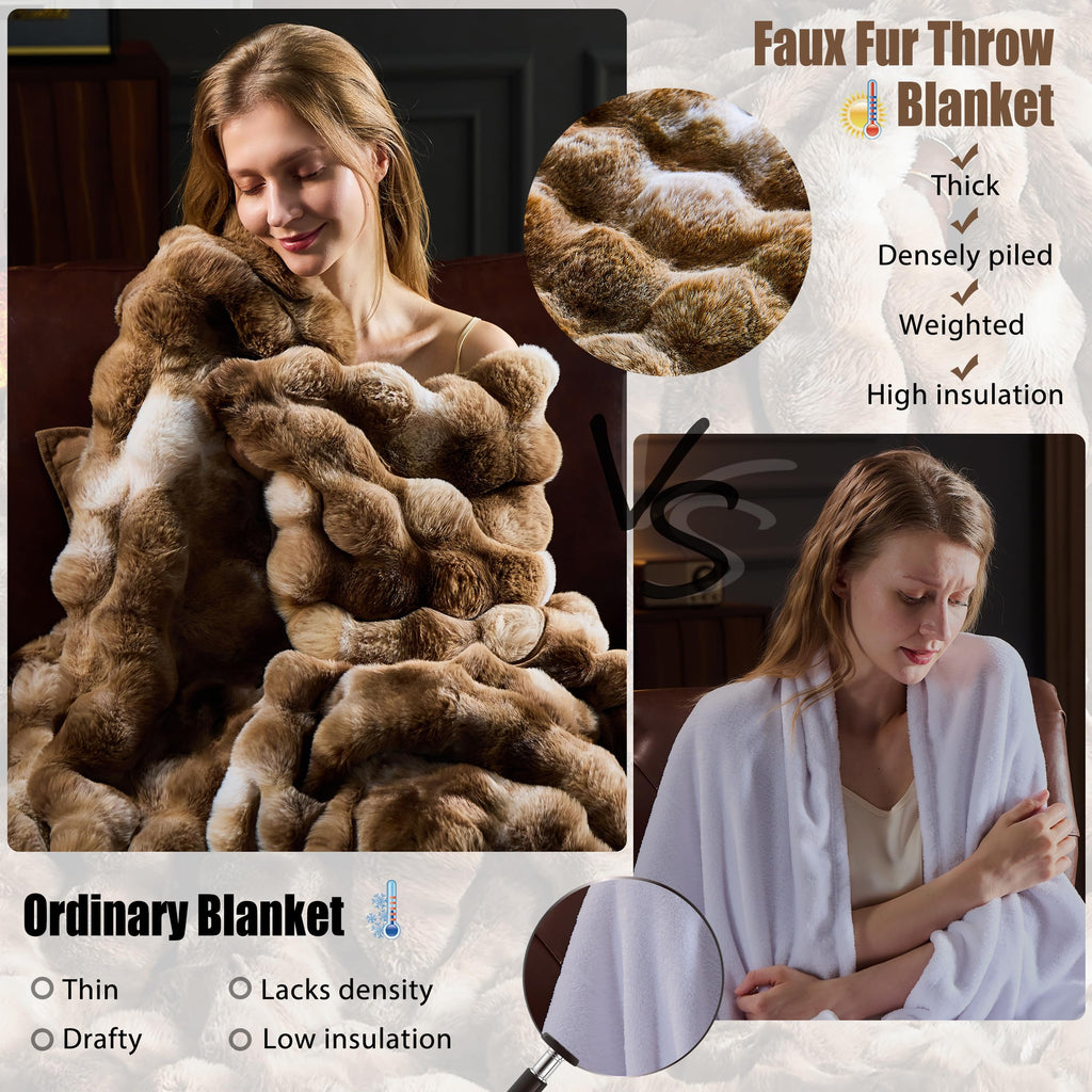 Faux Fur Throw Blanket for Couch, Fluffy Fuzzy Plush Bubble Blanket, Soft Warm Cozy Shaggy Rabbit Blanket, Luxury Decorative Gifts for Sofa Bedroom Living Room, 60x50inch (Cow Print-Brown)