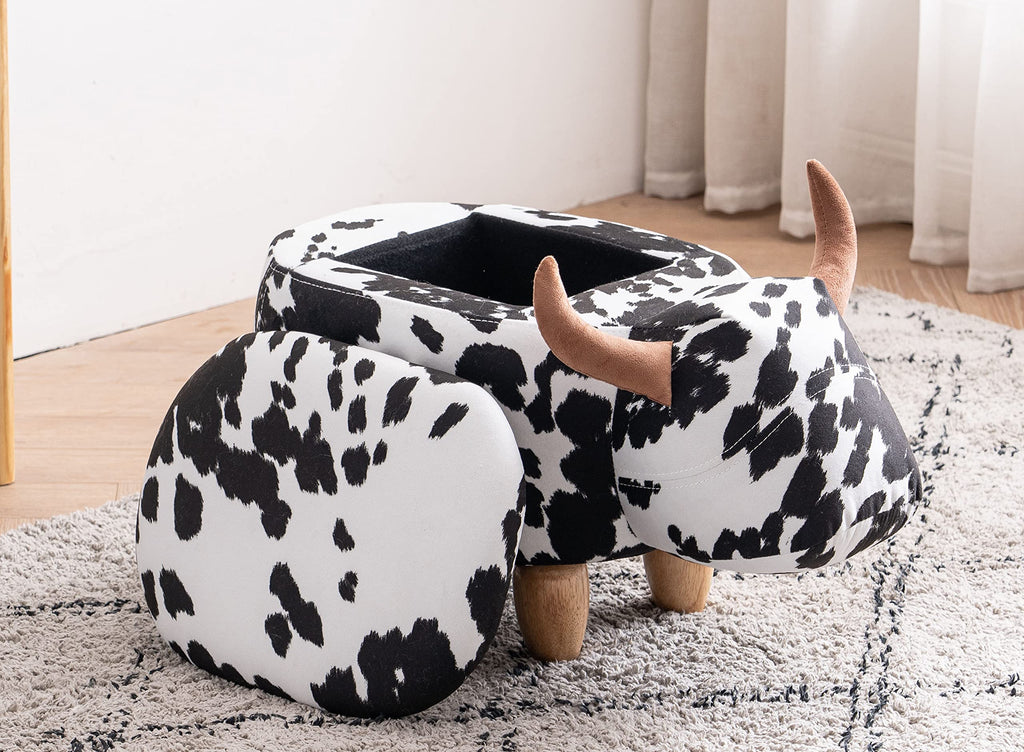 Home 2 Office Cow Ottoman for Kids' Bedroom, Playroom, Nursery, and Living Room, Animal Ottoman with Storage, Footstool for Kids, Black/White
