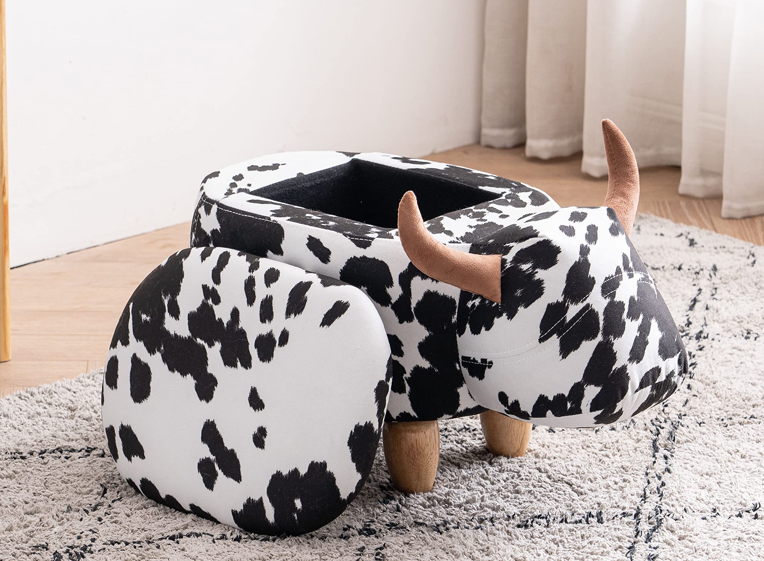 Home 2 Office Cow Ottoman for Kids' Bedroom, Playroom, Nursery, and Living Room, Animal Ottoman with Storage, Footstool for Kids, Black/White
