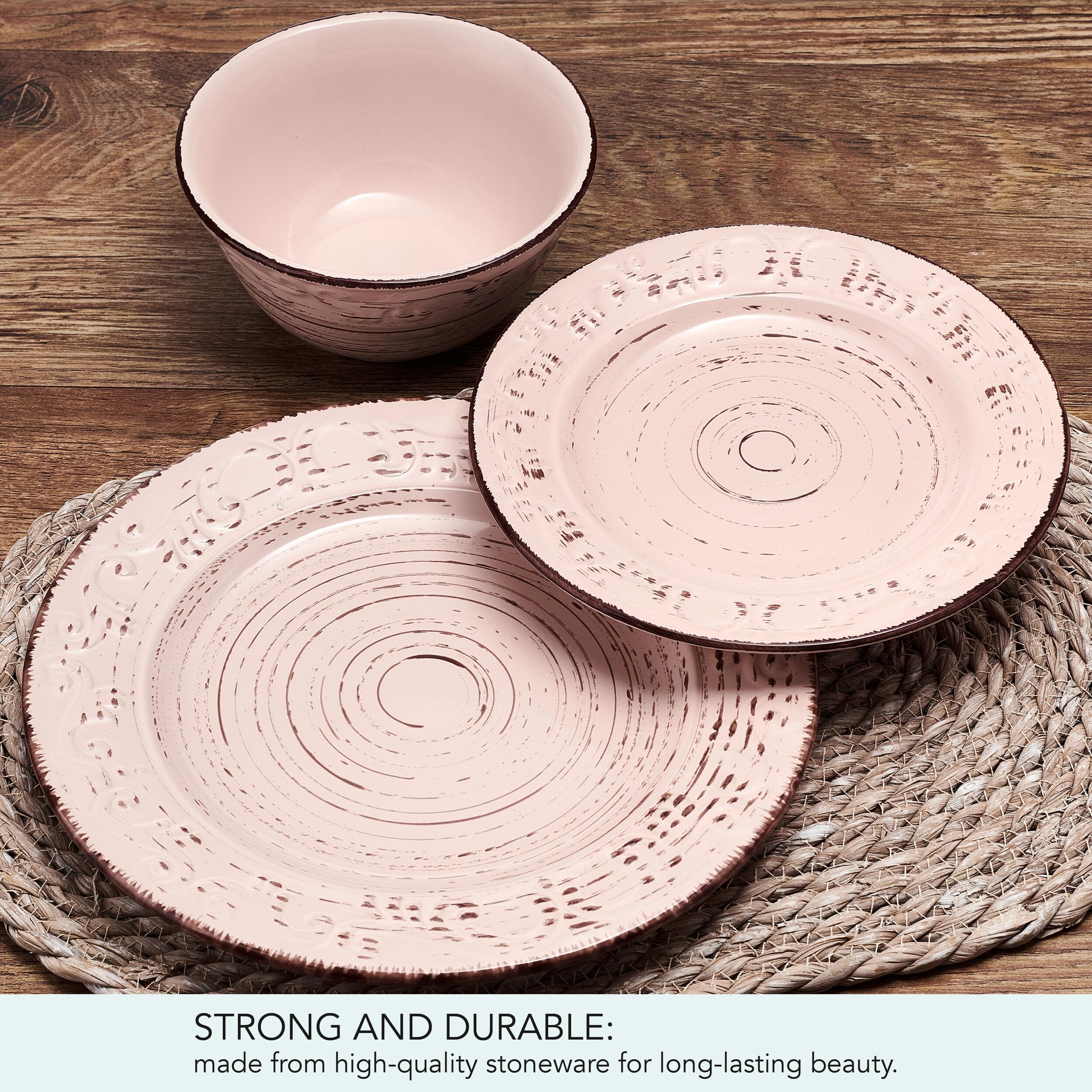 Pfaltzgraff Trellis White 16-Piece Stoneware Dinnerware Set, Service for 4, Distressed White Finish, Microwave & Dishwasher Safe Plates and Bowls