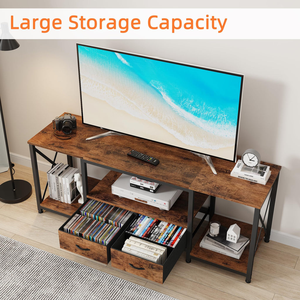 GYIIYUO TV Stand with Fabric Drawer - Entertainment Center and Industrial TV Console Table with Open Storage Shelves for Living Room, Bedroom - 55.1" Rustic Brown
