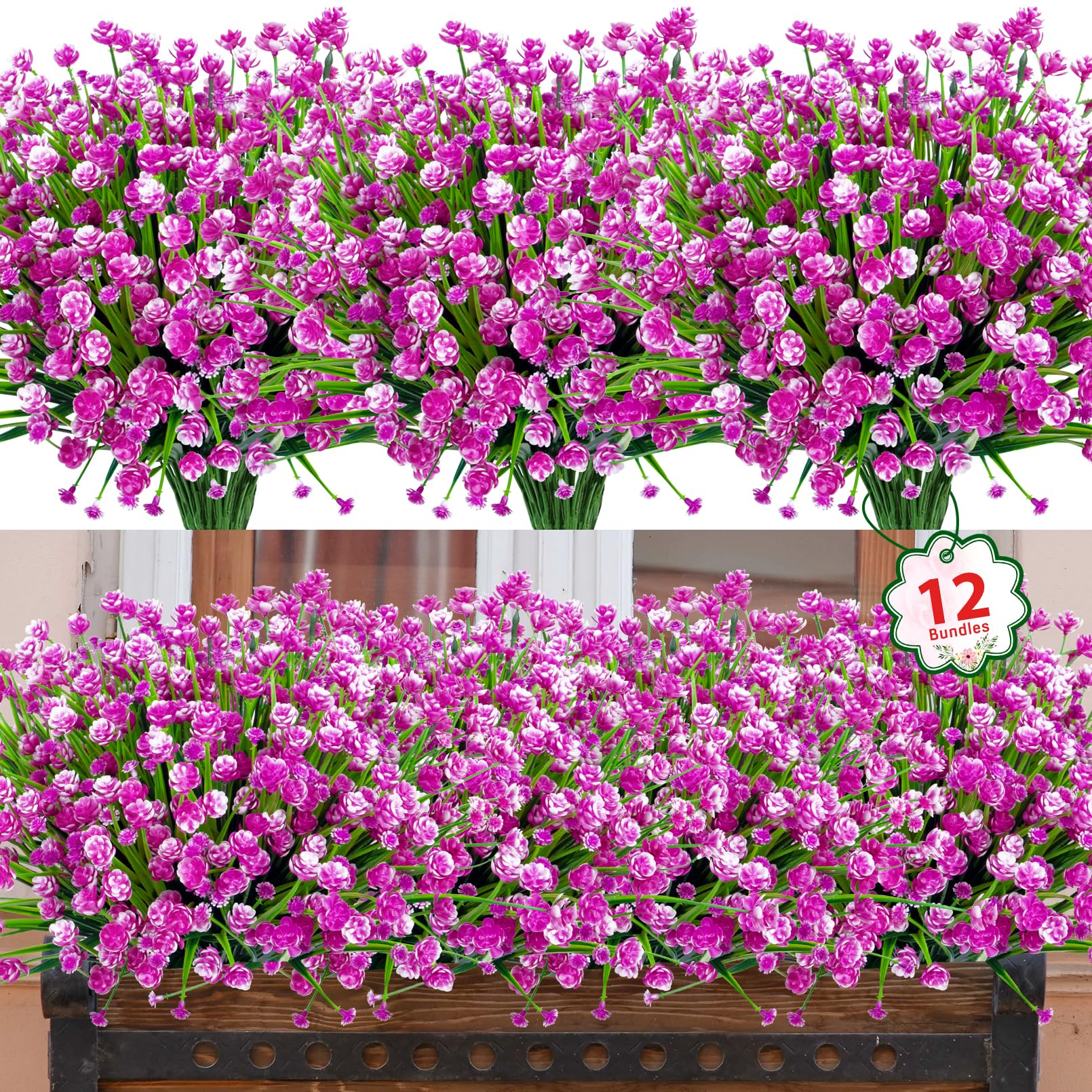 Ouddy Decor 24 Bundles Artificial Flowers for Outdoors UV Resistant Fake Plastic Plants Faux Boston Fern Greenery Stems for Spring Summer Indoor Garden Patio Window Box Kitchen Home Decor, Mixedcolor