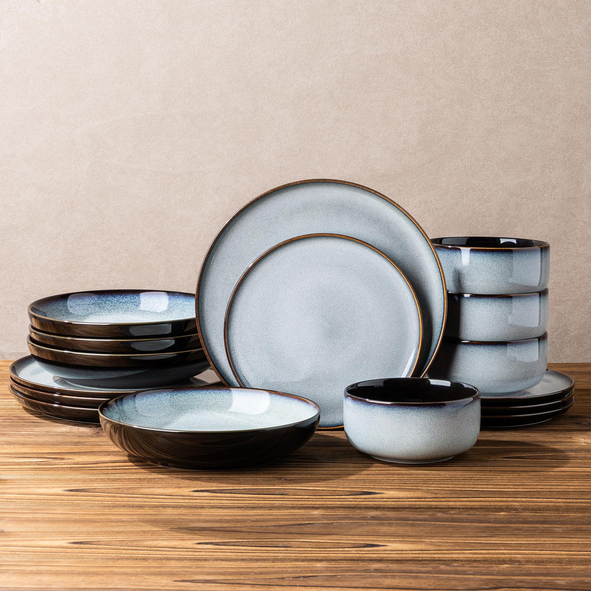 LERATIO Ceramic Dinnerware Sets for 8,Plates and Bowls Sets,Reactive Glaze Dishes Set,Highly Chip and Crack Resistant | Dishwasher & Microwave & Oven Safe Dishes set,Service for 8-Kahki (24pc)