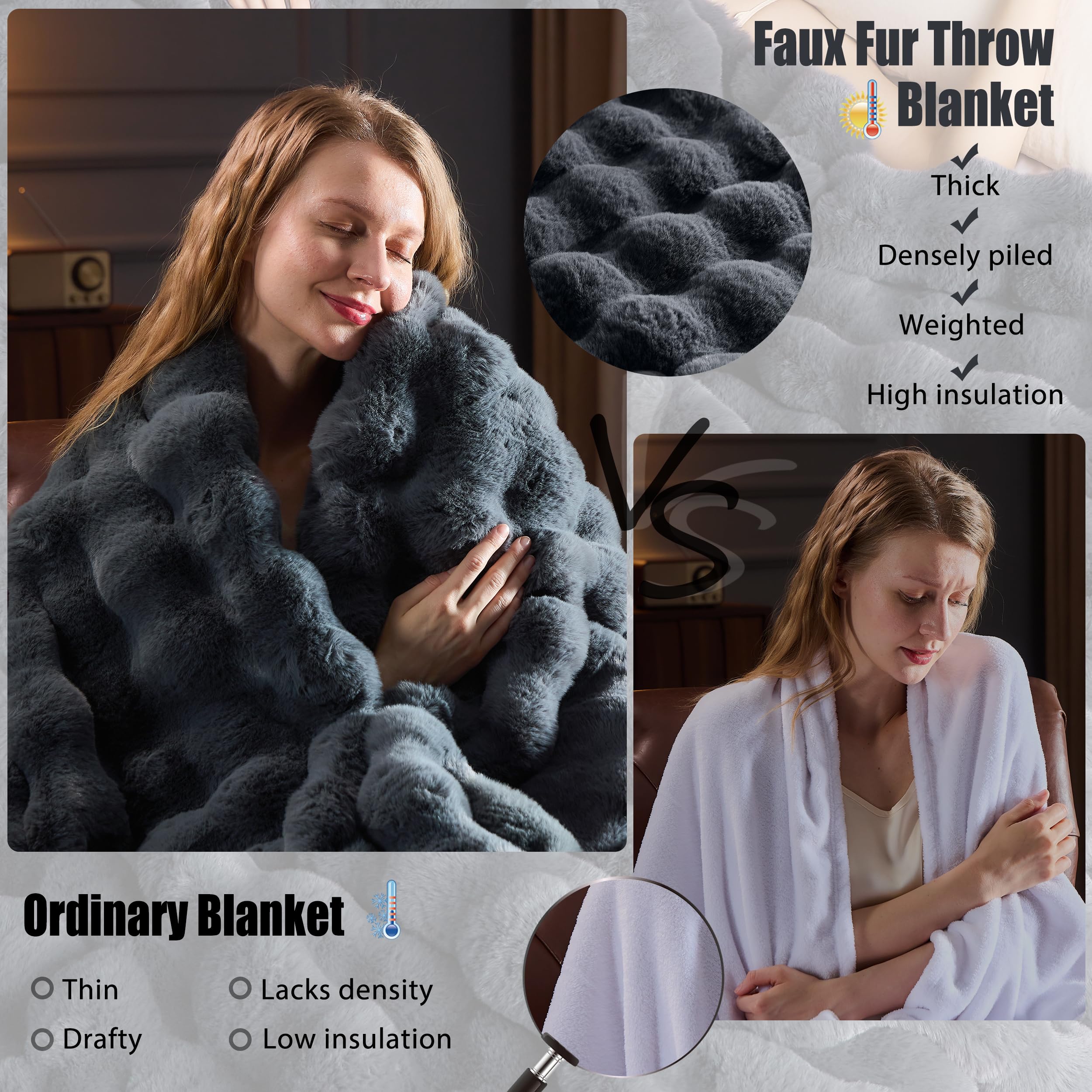 Faux Fur Throw Blanket for Couch, Fluffy Fuzzy Plush Bubble Blanket, Soft Warm Cozy Shaggy Rabbit Blanket, Luxury Decorative Gifts for Sofa Bedroom Living Room, 60x50inch (Cow Print-Brown)