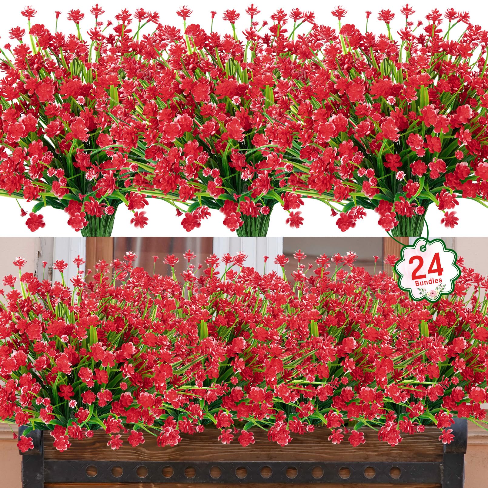 Ouddy Decor 24 Bundles Artificial Flowers for Outdoors UV Resistant Fake Plastic Plants Faux Boston Fern Greenery Stems for Spring Summer Indoor Garden Patio Window Box Kitchen Home Decor, Mixedcolor