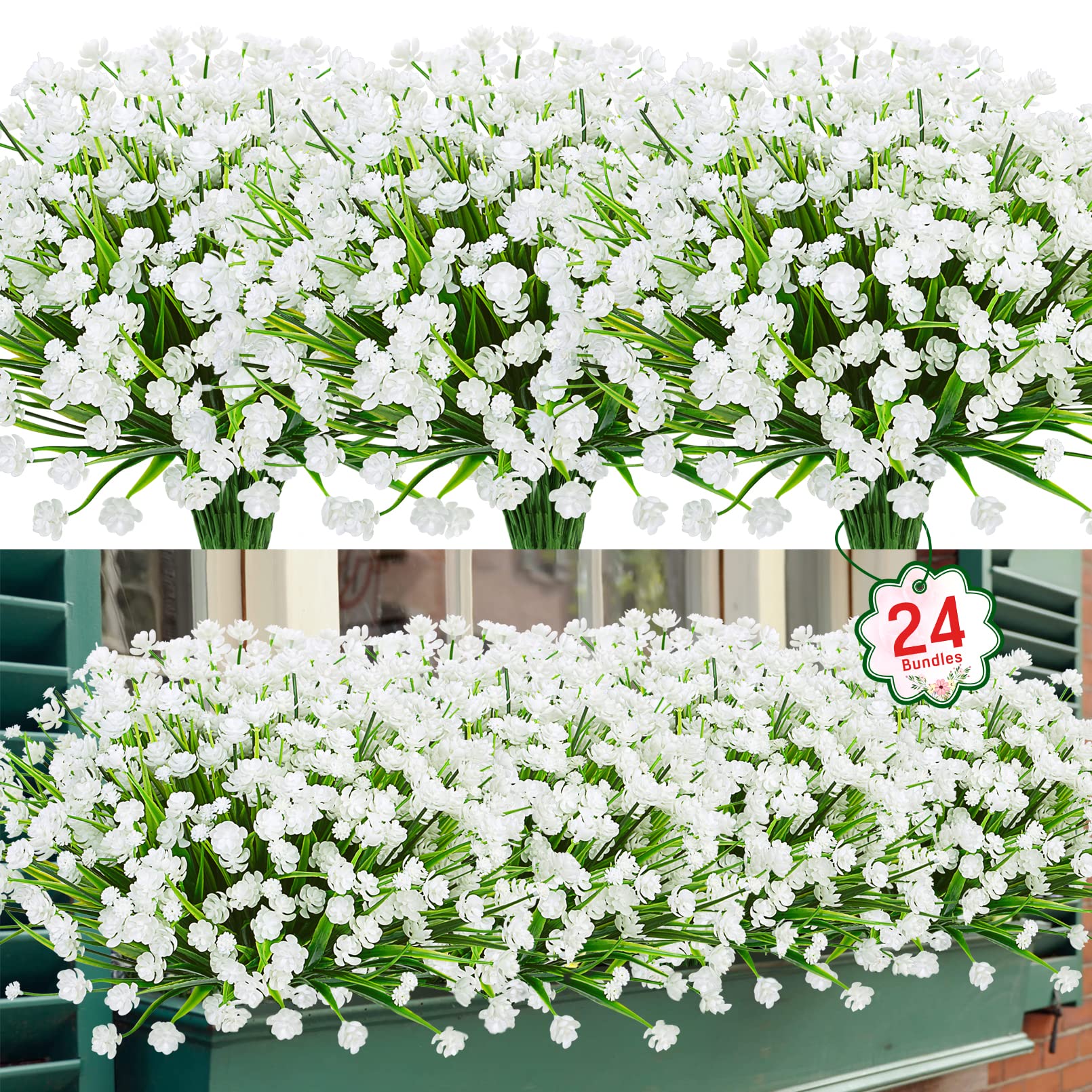 Ouddy Decor 24 Bundles Artificial Flowers for Outdoors UV Resistant Fake Plastic Plants Faux Boston Fern Greenery Stems for Spring Summer Indoor Garden Patio Window Box Kitchen Home Decor, Mixedcolor