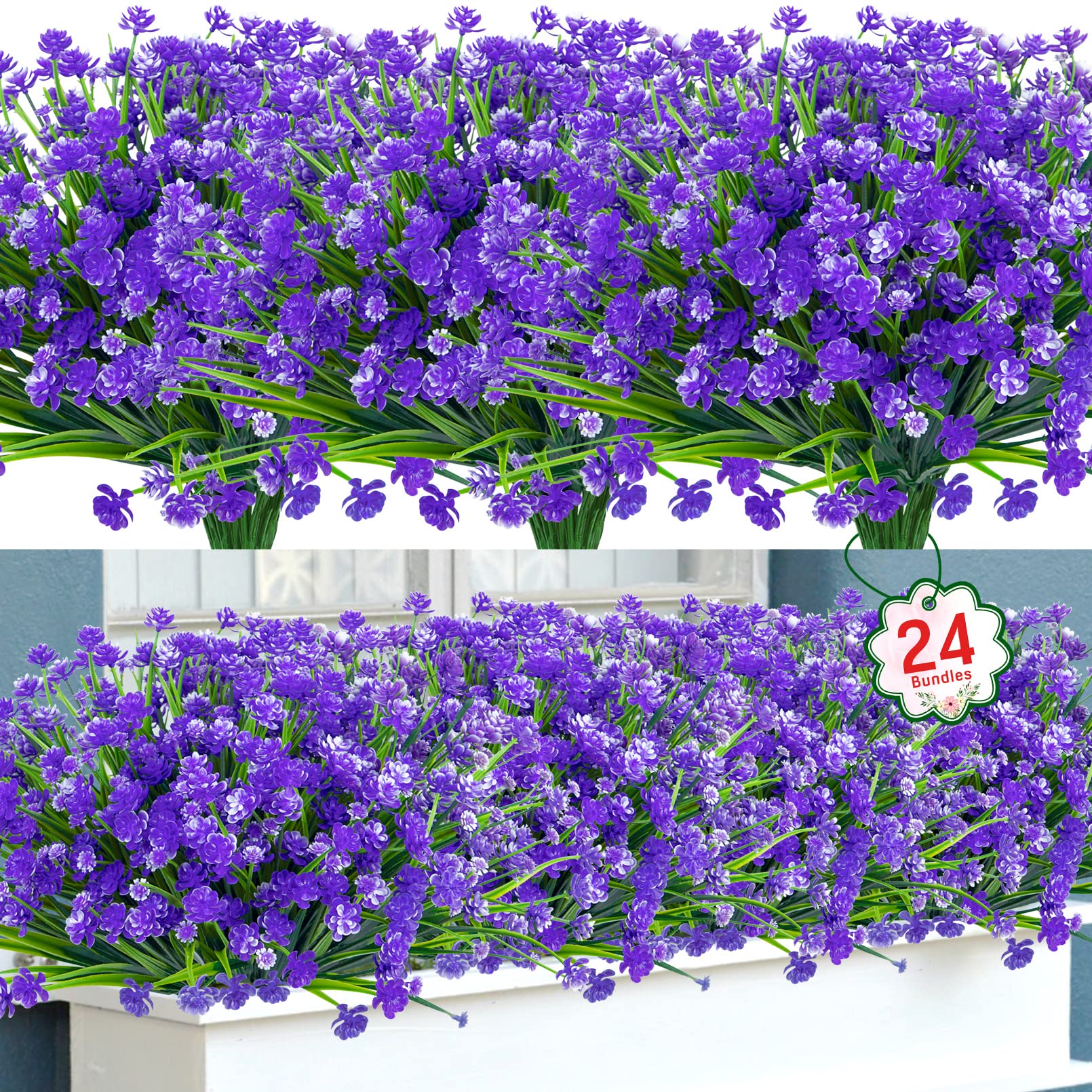 Ouddy Decor 24 Bundles Artificial Flowers for Outdoors UV Resistant Fake Plastic Plants Faux Boston Fern Greenery Stems for Spring Summer Indoor Garden Patio Window Box Kitchen Home Decor, Mixedcolor