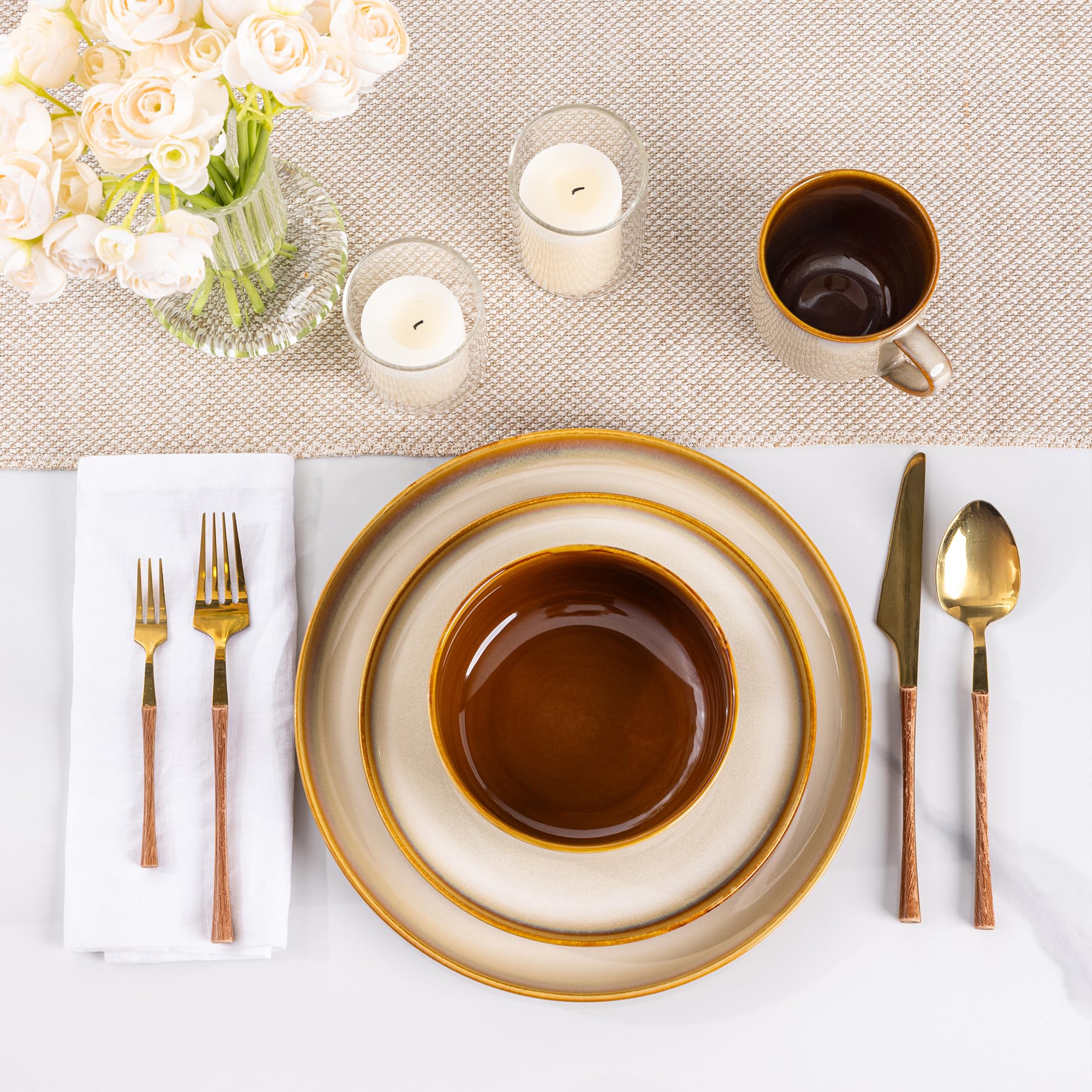 LERATIO Ceramic Dinnerware Sets for 8,Plates and Bowls Sets,Reactive Glaze Dishes Set,Highly Chip and Crack Resistant | Dishwasher & Microwave & Oven Safe Dishes set,Service for 8-Kahki (24pc)