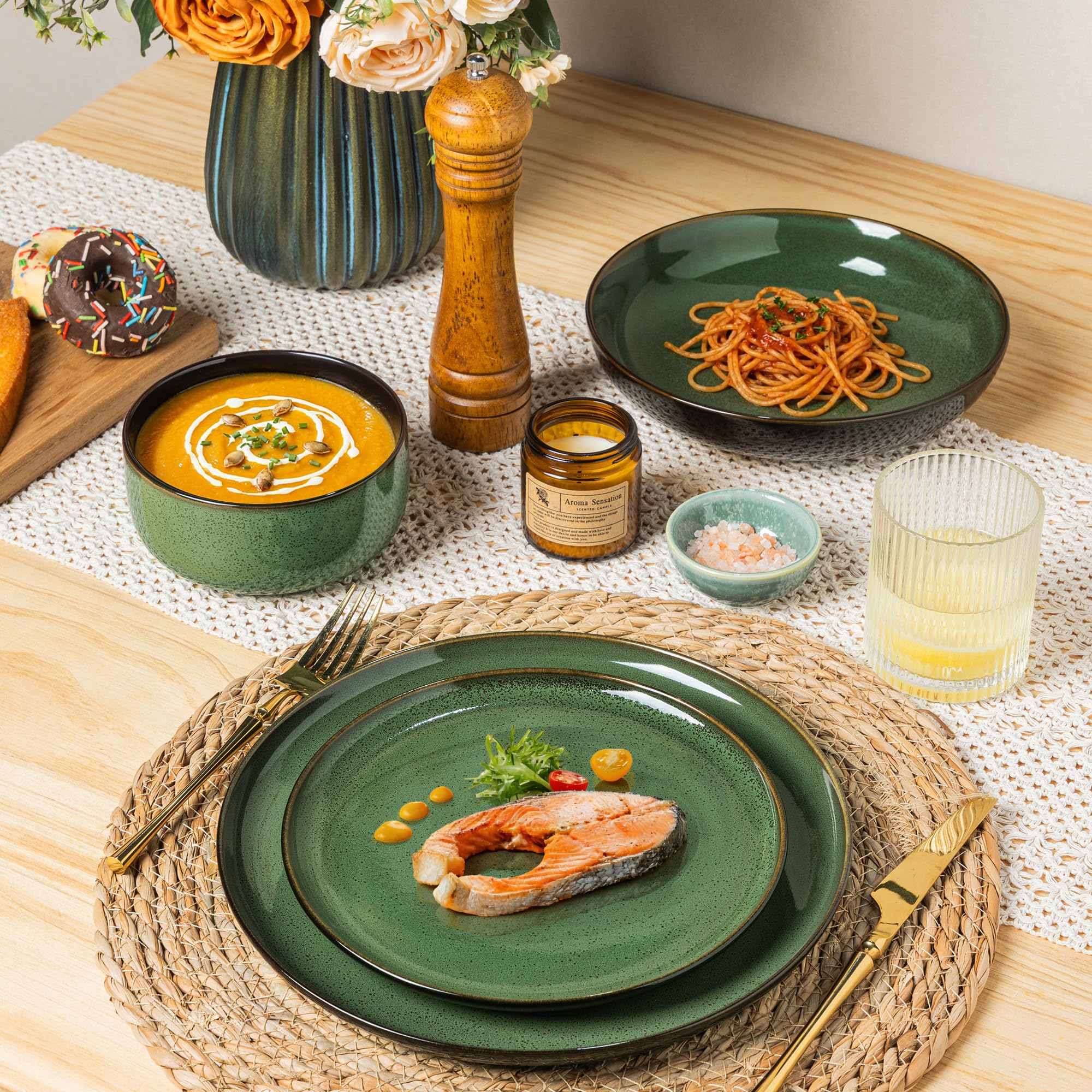 LERATIO Ceramic Dinnerware Sets for 8,Plates and Bowls Sets,Reactive Glaze Dishes Set,Highly Chip and Crack Resistant | Dishwasher & Microwave & Oven Safe Dishes set,Service for 8-Kahki (24pc)