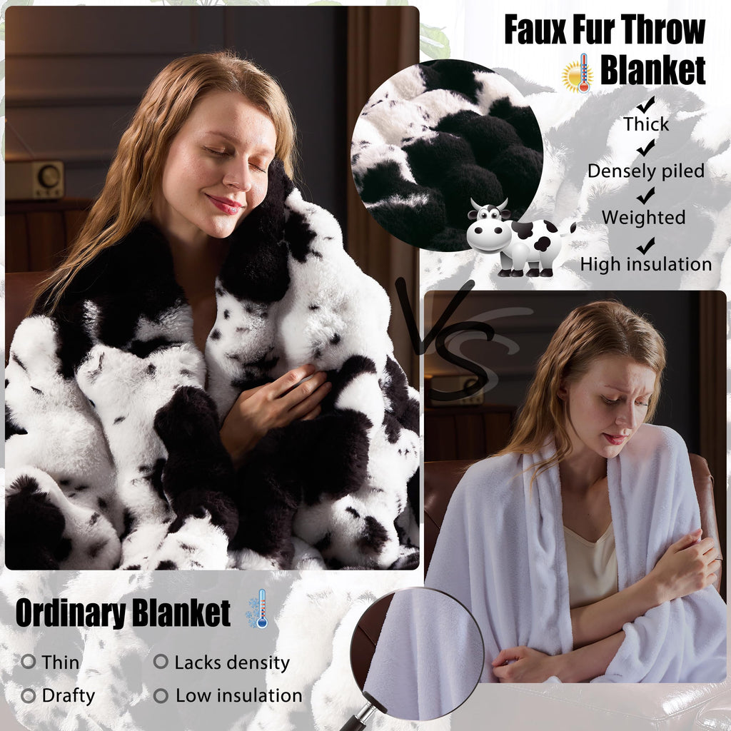Faux Fur Throw Blanket for Couch, Fluffy Fuzzy Plush Bubble Blanket, Soft Warm Cozy Shaggy Rabbit Blanket, Luxury Decorative Gifts for Sofa Bedroom Living Room, 60x50inch (Cow Print-Brown)